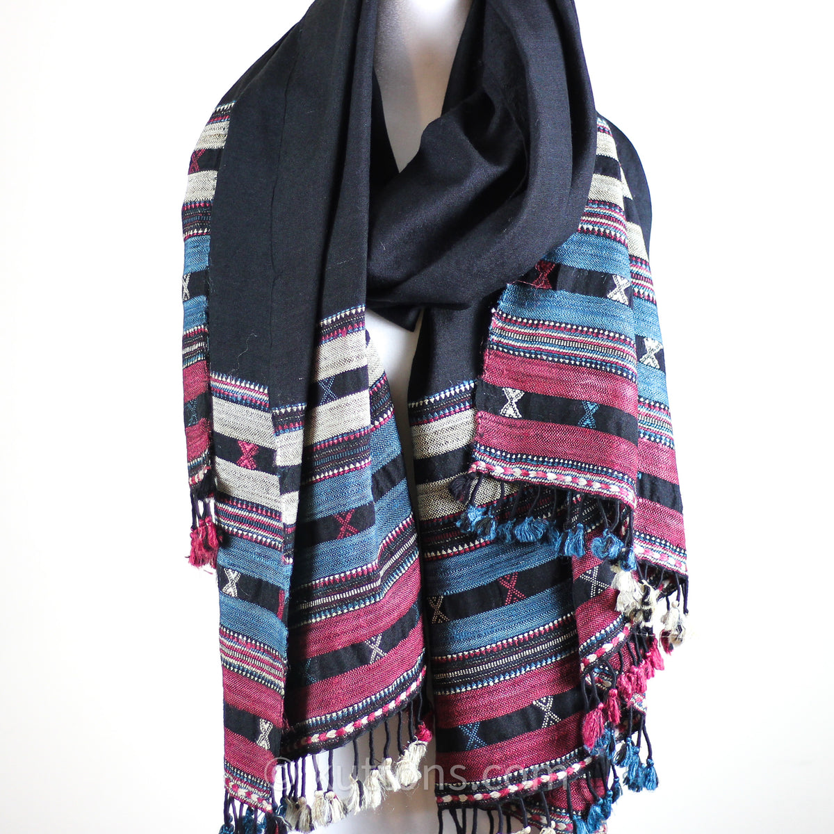 Handwoven Tussar Silk & Merino Wool Ethnic Pagdi Shawl Wrap | Black, 38x85"