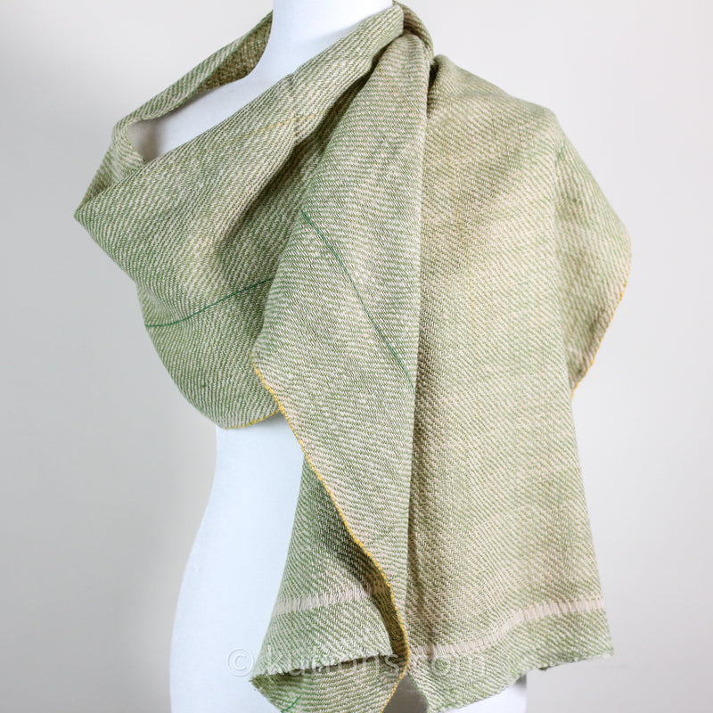 Himalayan & Merino Wool Scarf - Handspun, Handwoven and Naturally-Dyed in Himalayas with Indigo & Tesu Flowers | Green, 13x76"