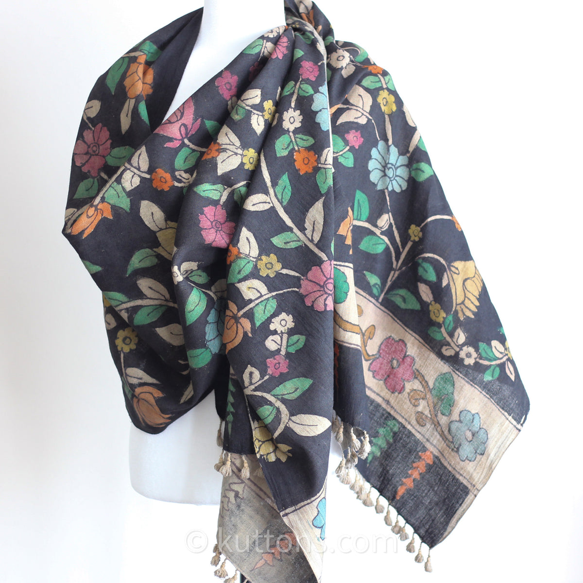 Kalamkari Hand-Painted Organic Cotton Wrap - Ethnic Scarf, Natural Colours | Black, 23x86"