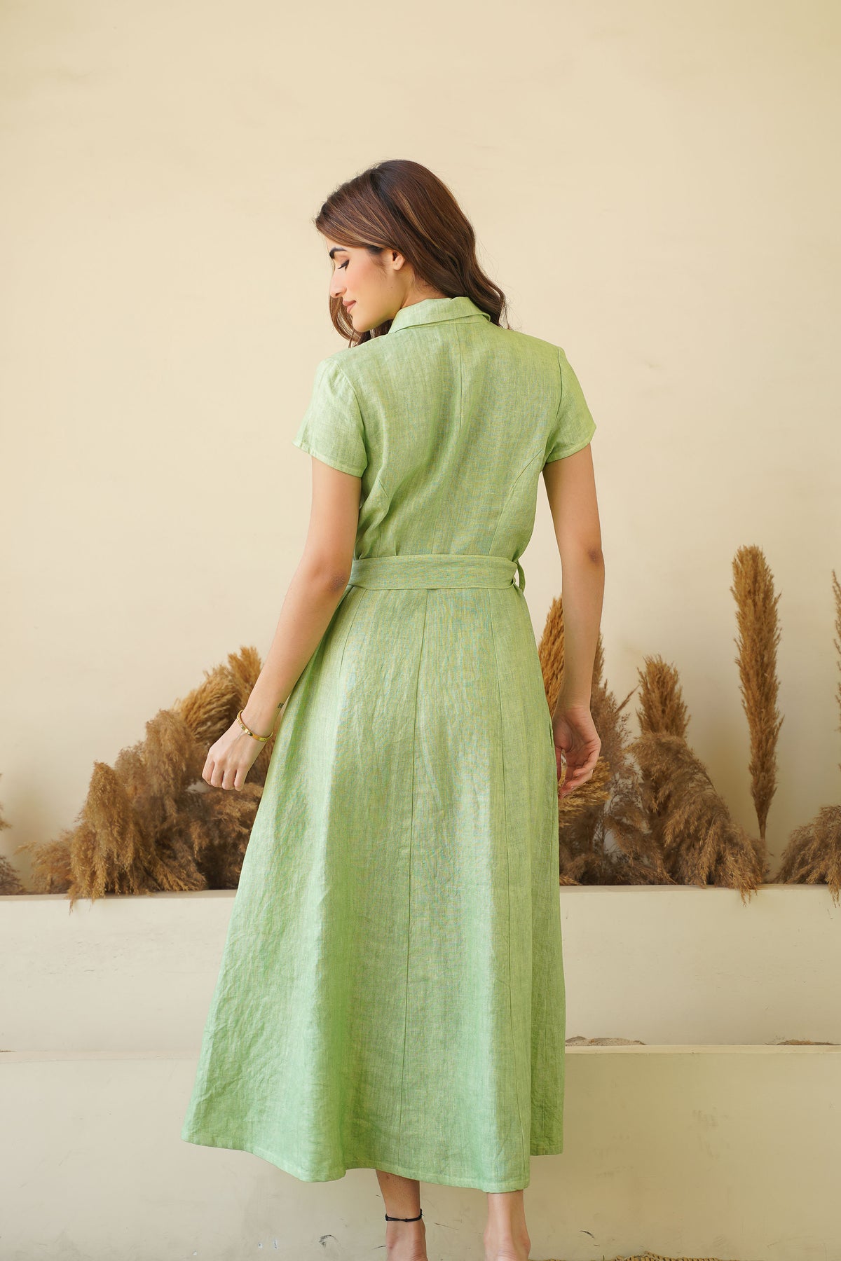 sage green linen long dress with belt
