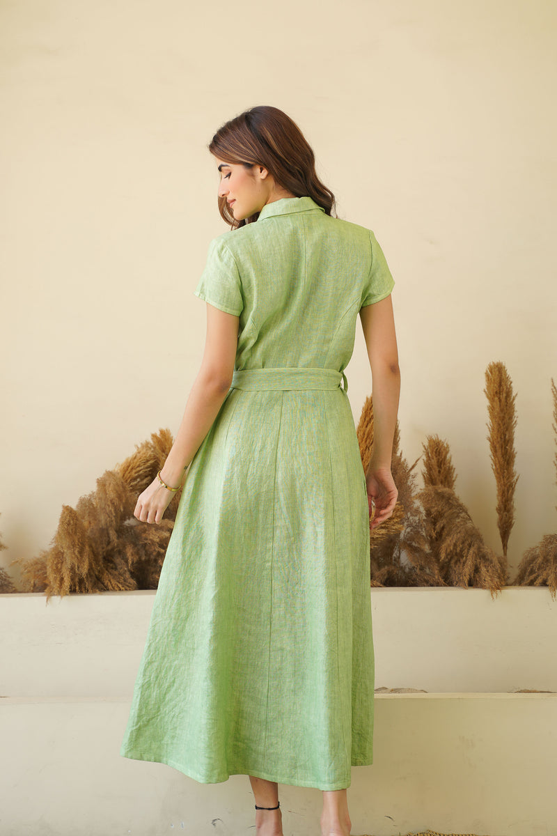 Sage Green Linen Button-Down Dress, Lapel Collar, Cap Sleeves | Fit & Flare Dress Kuttons Sage Green Linen Button-Down Dress, Lapel Collar, Cap Sleeves | Fit & Flare Dress Kuttons