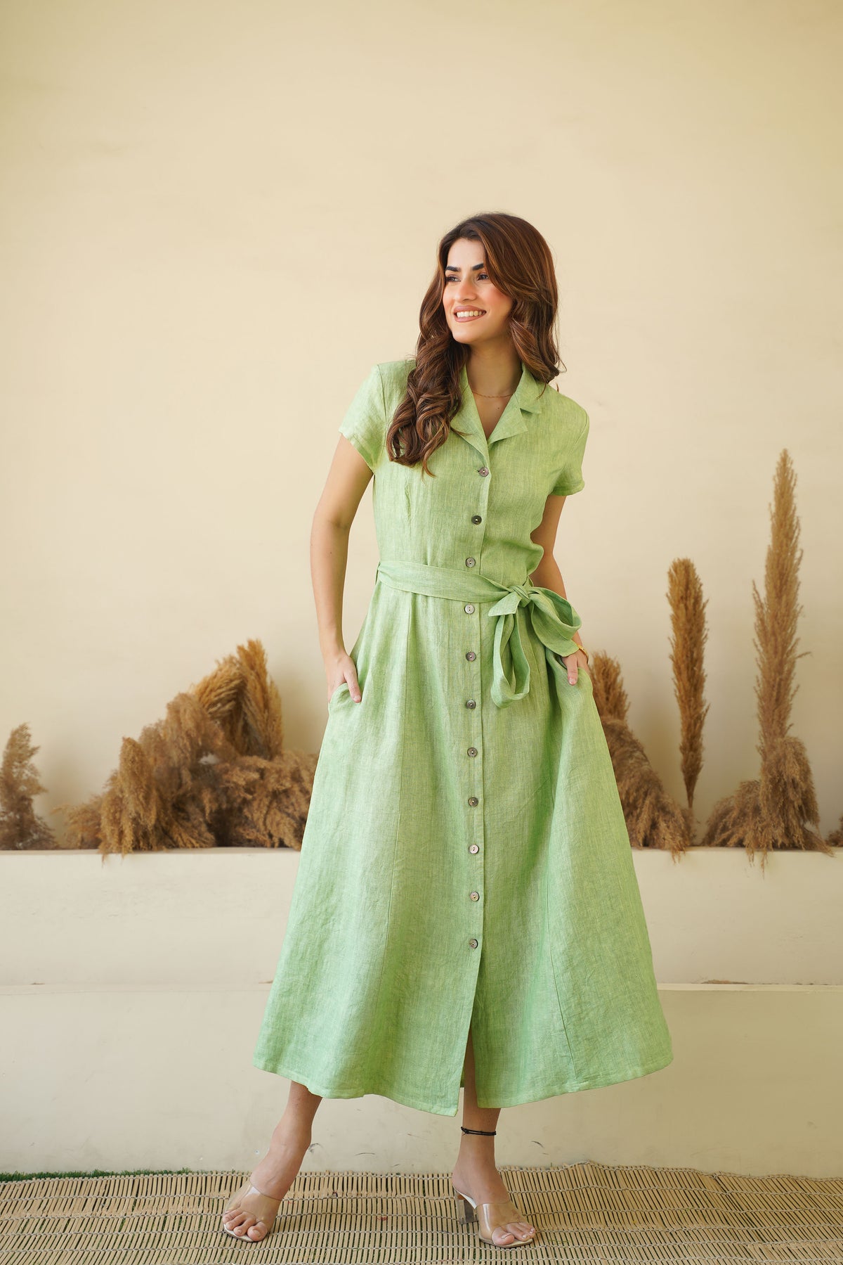 Sage Green Linen Button-Down Dress, Lapel Collar, Cap Sleeves | Fit & Flare Dress Kuttons Sage Green Linen Button-Down Dress, Lapel Collar, Cap Sleeves | Fit & Flare Dress Kuttons