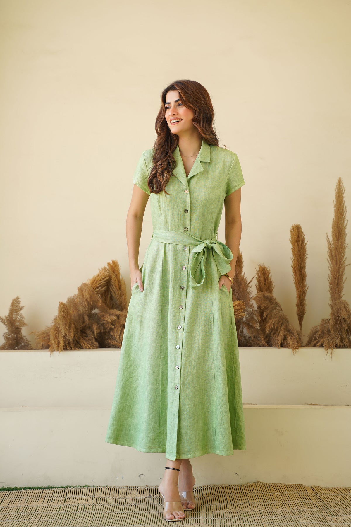 Sage Green Linen Button-Down Dress with Lapel Collars, Cap Sleeves Tie Belt Fit and Flare Dress Small