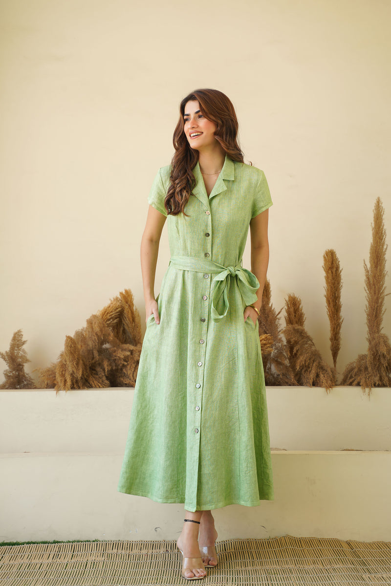 Sage Green Linen Button-Down Dress, Lapel Collar, Cap Sleeves | Fit & Flare Dress Kuttons Sage Green Linen Button-Down Dress, Lapel Collar, Cap Sleeves | Fit & Flare Dress Kuttons