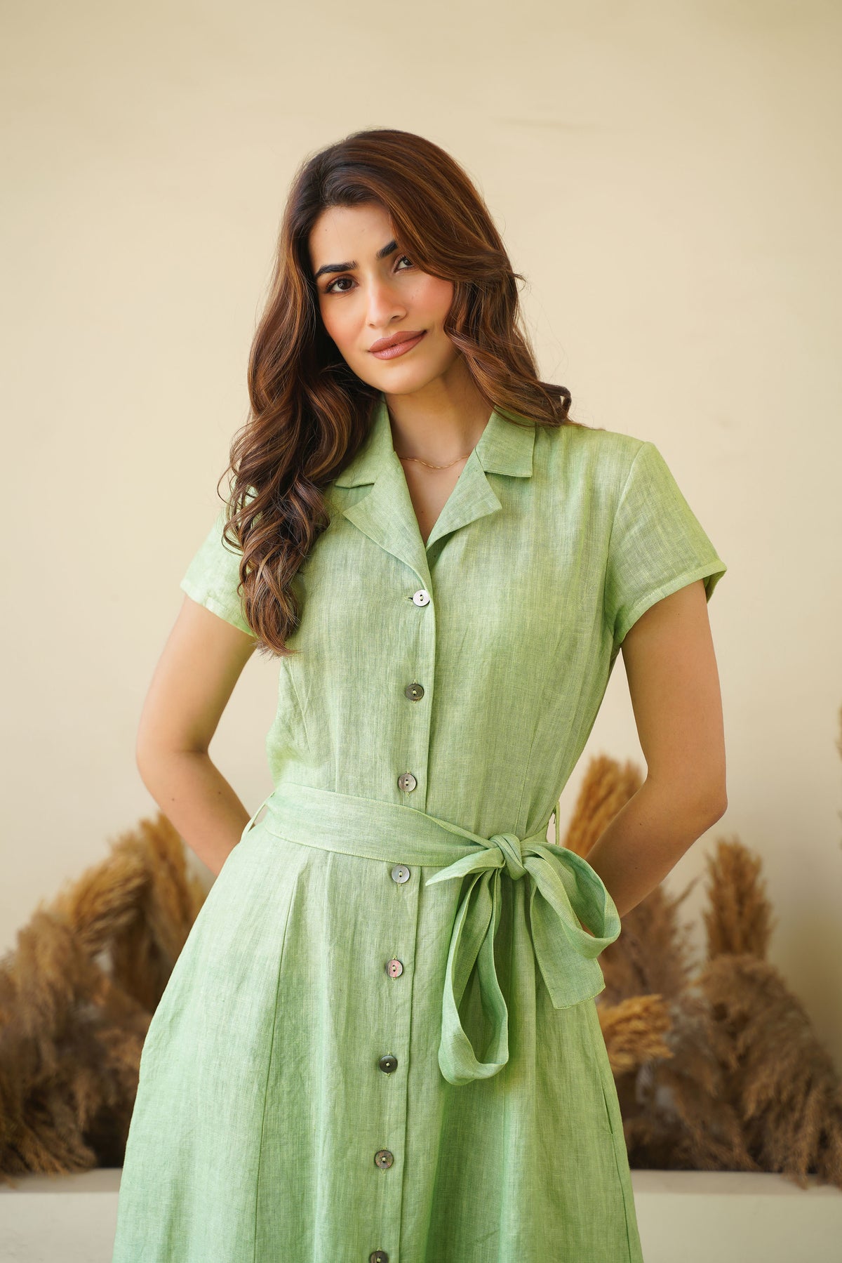Sage Green Linen Button-Down Dress, Lapel Collar, Cap Sleeves | Fit & Flare Dress Kuttons Sage Green Linen Button-Down Dress, Lapel Collar, Cap Sleeves | Fit & Flare Dress Kuttons