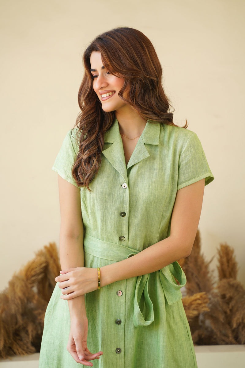 Sage Green Linen Button-Down Dress, Lapel Collar, Cap Sleeves | Fit & Flare Dress Kuttons Sage Green Linen Button-Down Dress, Lapel Collar, Cap Sleeves | Fit & Flare Dress Kuttons