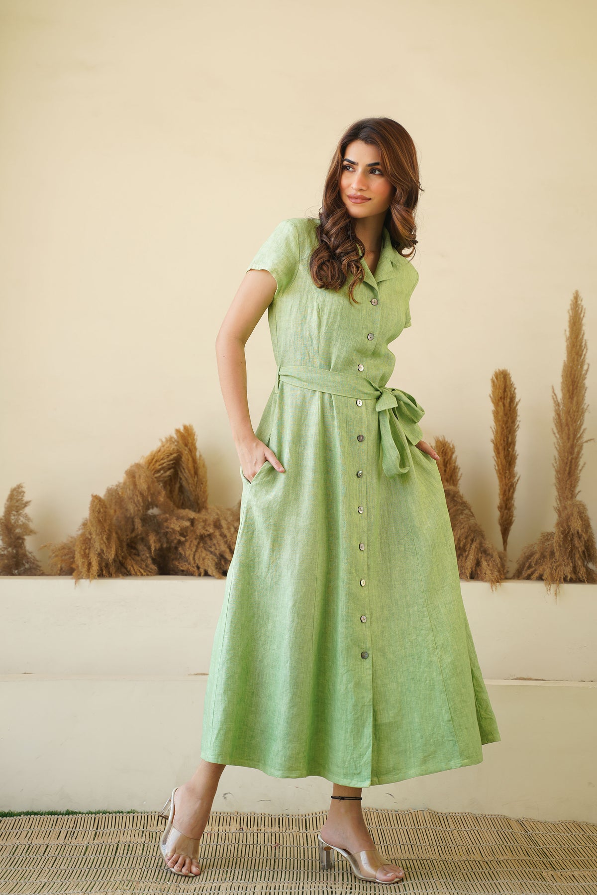 Sage Green Linen Button-Down Dress, Lapel Collar, Cap Sleeves | Fit & Flare Dress Kuttons Sage Green Linen Button-Down Dress, Lapel Collar, Cap Sleeves | Fit & Flare Dress Kuttons