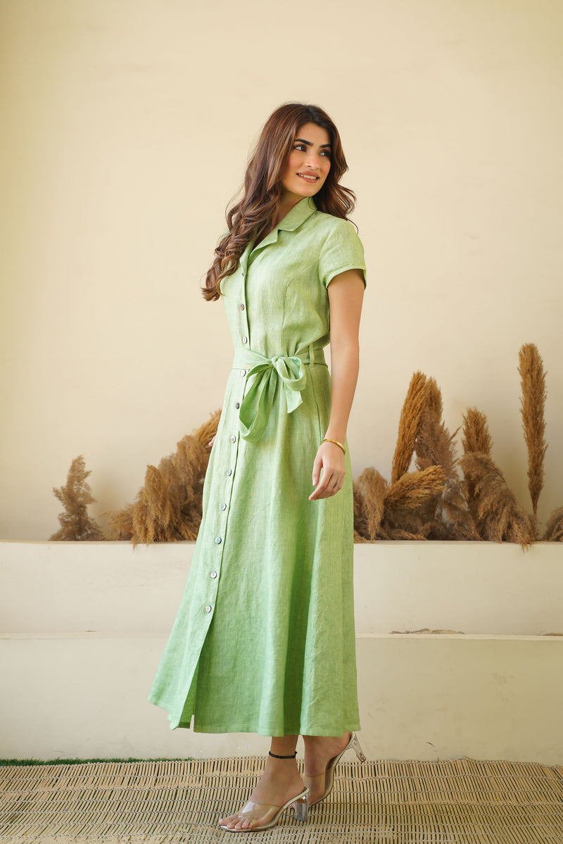 Sage Green Linen Button-Down Dress, Lapel Collar, Cap Sleeves | Fit & Flare Dress Kuttons Sage Green Linen Button-Down Dress, Lapel Collar, Cap Sleeves | Fit & Flare Dress Kuttons