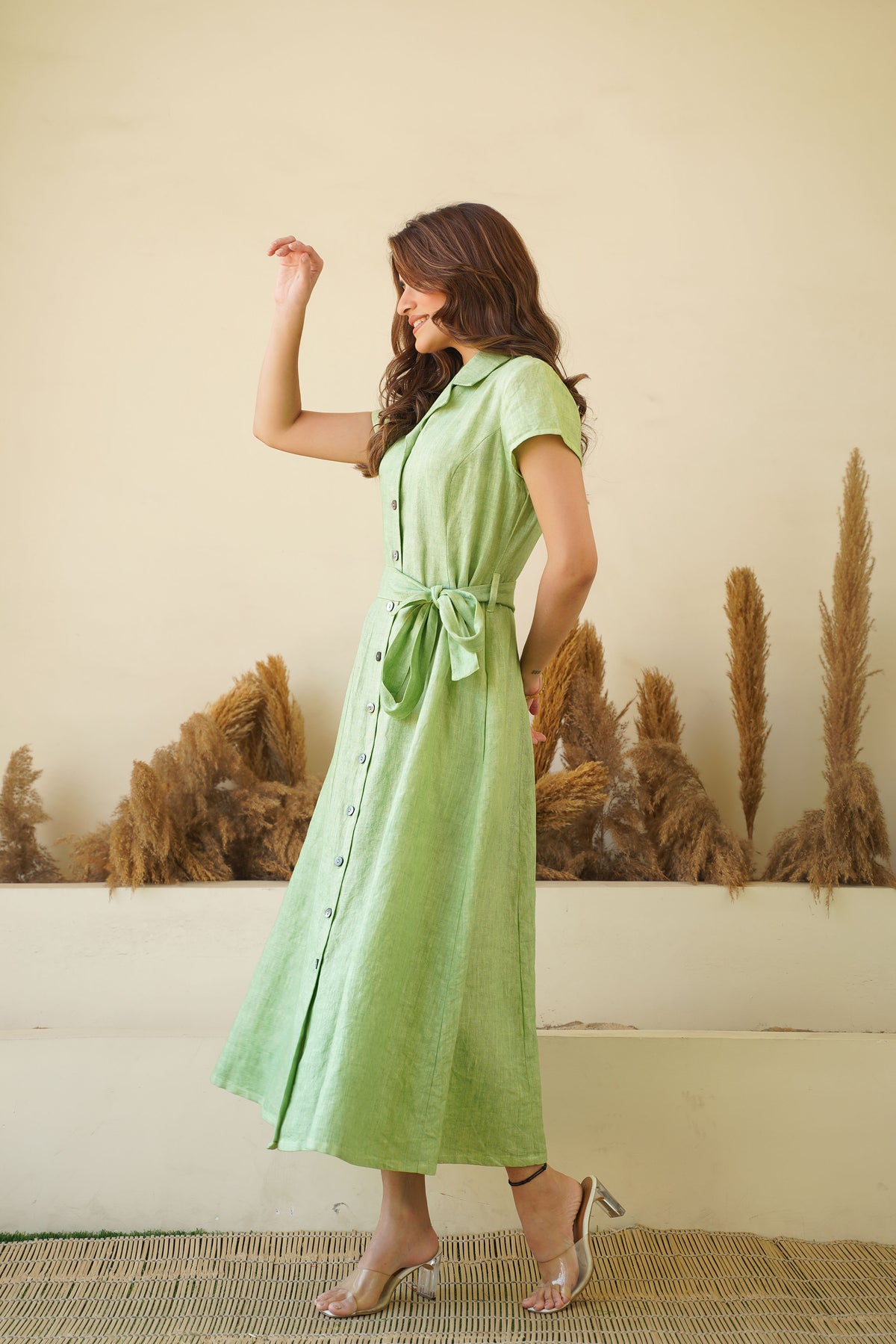 elegant chic sage green long linen dress for women