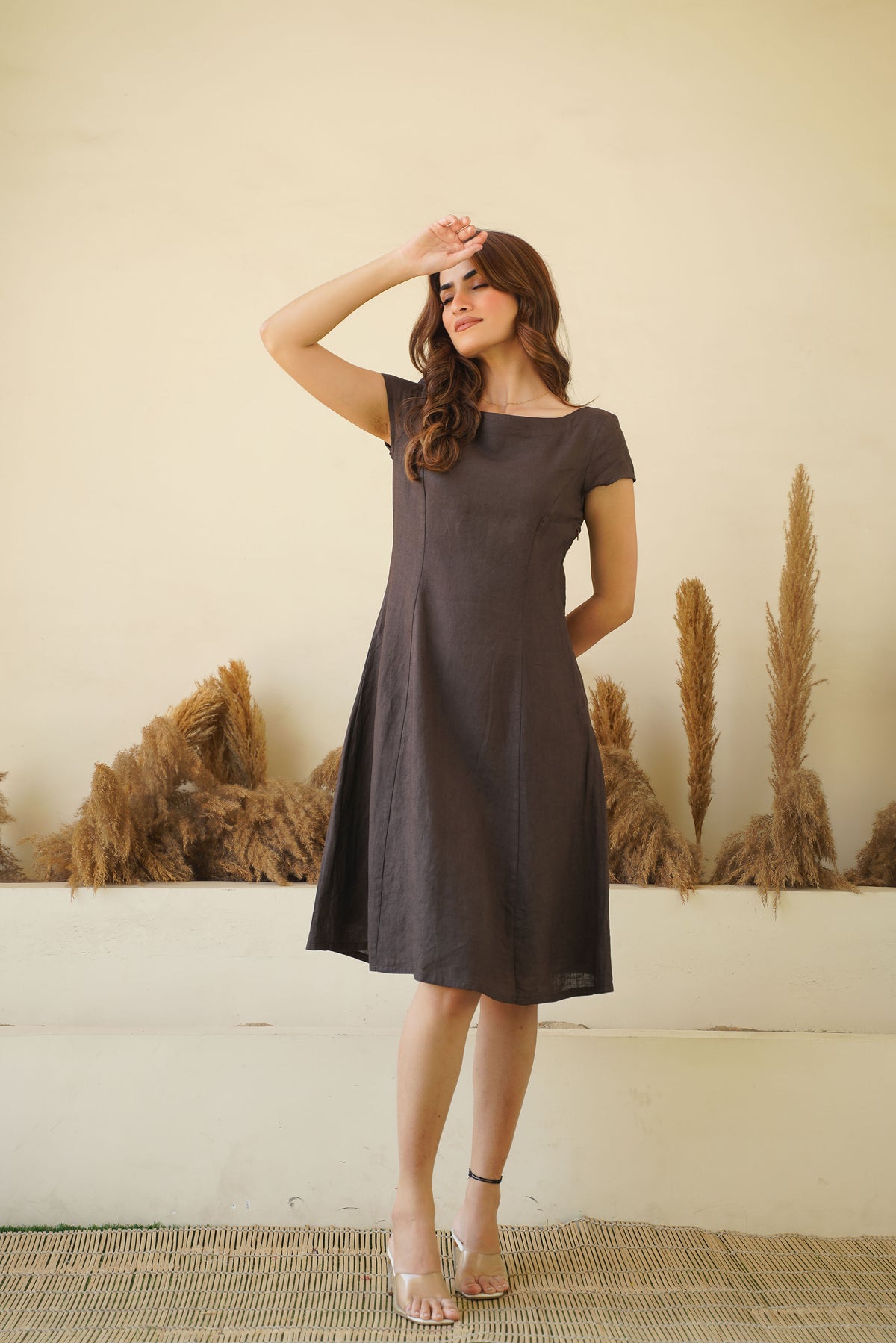 Brown Bliss Linen Dress with Cap Sleeves, Boat Neck Princess Seams Short Linen Tunic Dress XS Brown