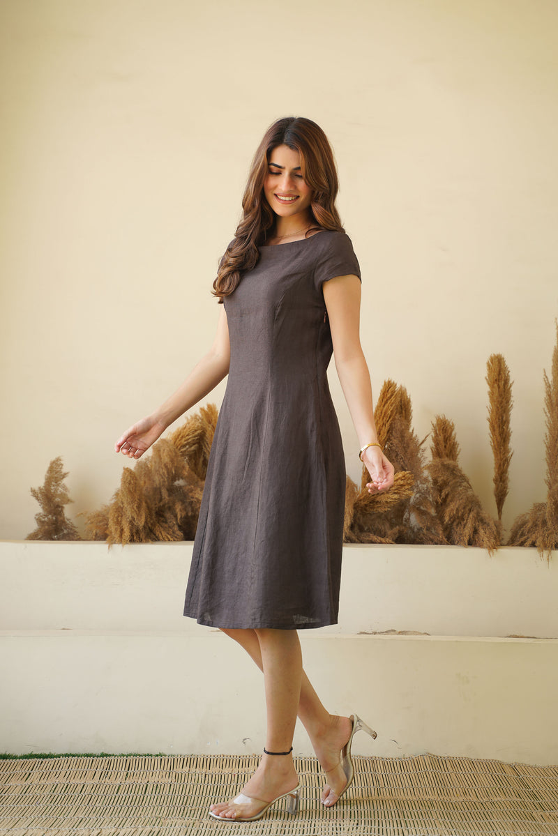 Brown Bliss Linen Dress with Cap Sleeves, Boat Neck & Princess Seams | Short Linen Tunic Dress