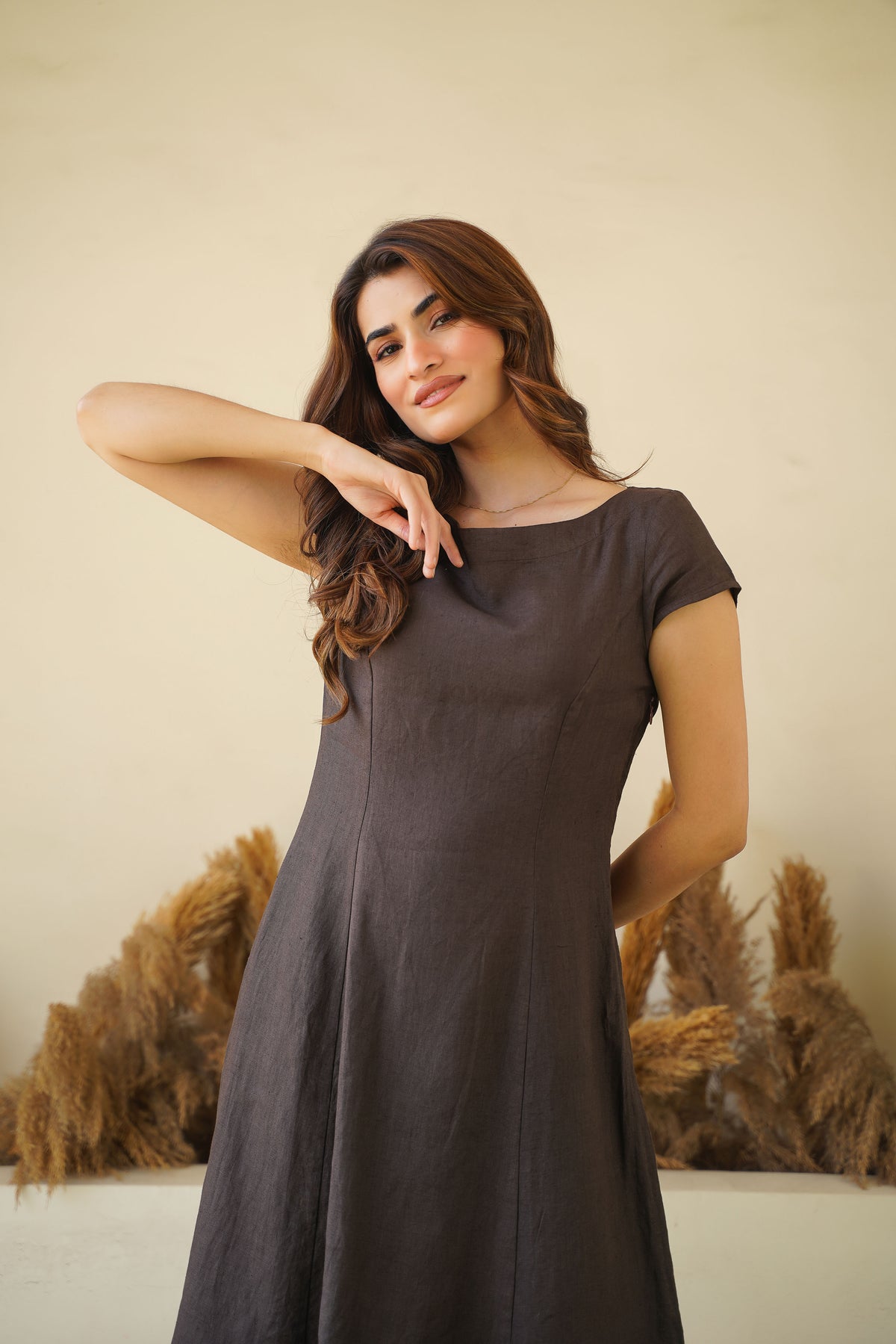 Brown Bliss Linen Dress - Cap Sleeves, Boat Neck & Princess Seams | Short Linen Tunic Dress Kuttons Brown Bliss Linen Dress - Cap Sleeves, Boat Neck & Princess Seams | Short Linen Tunic Dress Kuttons