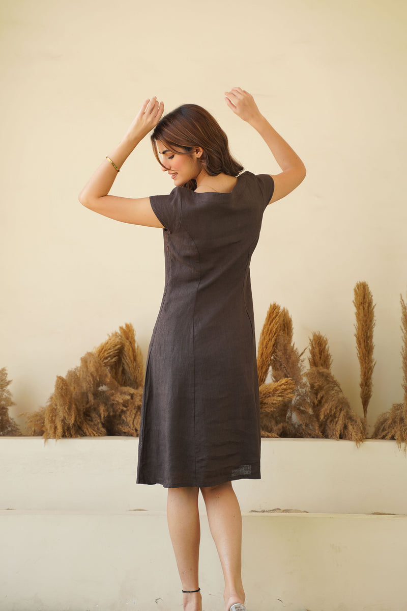 Brown Bliss Linen Dress - Cap Sleeves, Boat Neck & Princess Seams | Short Linen Tunic Dress Kuttons Brown Bliss Linen Dress - Cap Sleeves, Boat Neck & Princess Seams | Short Linen Tunic Dress Kuttons