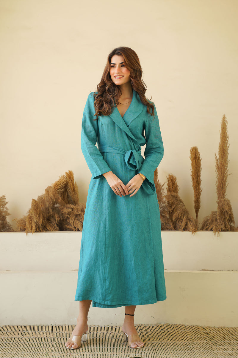 Teal Blue Elegance: Linen Wrap Dress with Shawl Collars, Full Sleeves & Waist Tie Kuttons Teal Blue Elegance: Linen Wrap Dress with Shawl Collars, Full Sleeves & Waist Tie Kuttons