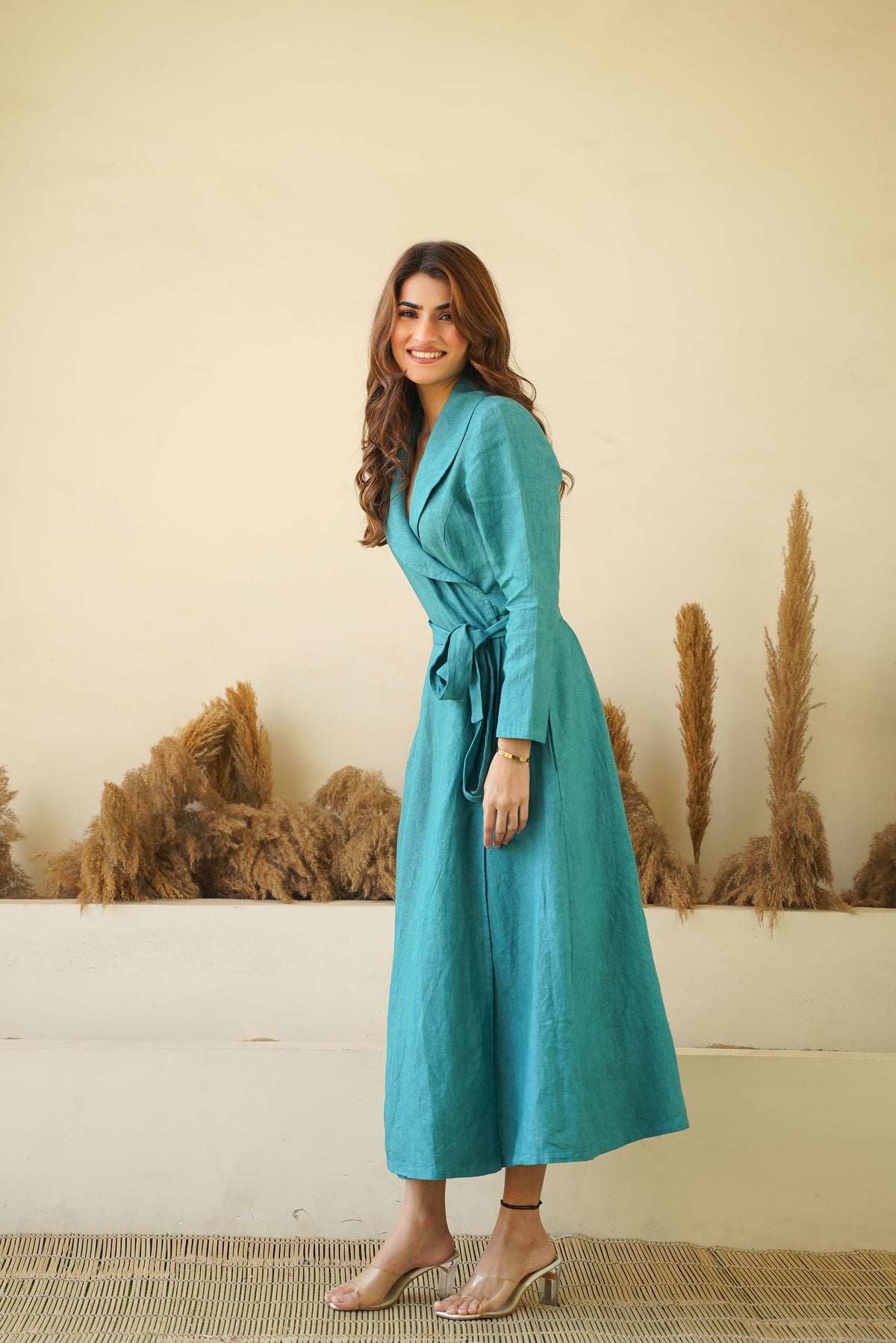 Teal Blue Elegance: Linen Wrap Dress with Shawl Collars, Full Sleeves & Waist Tie Kuttons Teal Blue Elegance: Linen Wrap Dress with Shawl Collars, Full Sleeves & Waist Tie Kuttons