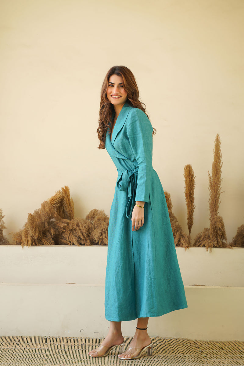 Teal Blue Elegance: Linen Wrap Dress with Shawl Collars, Full Sleeves & Waist Tie Kuttons Teal Blue Elegance: Linen Wrap Dress with Shawl Collars, Full Sleeves & Waist Tie Kuttons
