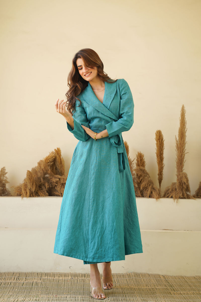 Teal Blue Elegance: Linen Wrap Dress with Shawl Collars, Full Sleeves Waist Tie Chic Linen Maxi Dress Small