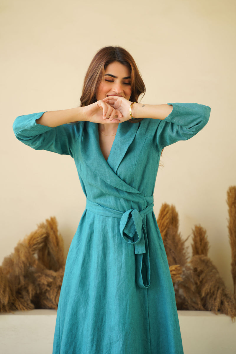 Wrap Deals Summer Wrap Dresses Australia Teal Blue Elegance: Linen Wrap Dress With Shawl Collars, Full Sleeves Waist Tie Kuttons Wrap Deals Summer Wrap Dresses Australia Teal Blue Elegance: Linen Wrap Dress With Shawl Collars, Full Sleeves Waist Tie Kuttons