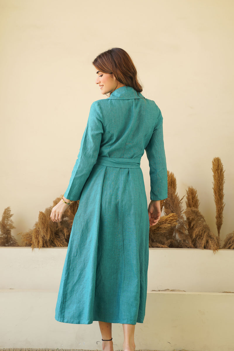 Teal Blue Elegance: Linen Wrap Dress with Shawl Collars, Full Sleeves & Waist Tie | Chic Linen Maxi Dress - Small Teal Blue Elegance: Linen Wrap Dress with Shawl Collars, Full Sleeves & Waist Tie | Chic Linen Maxi Dress - Small