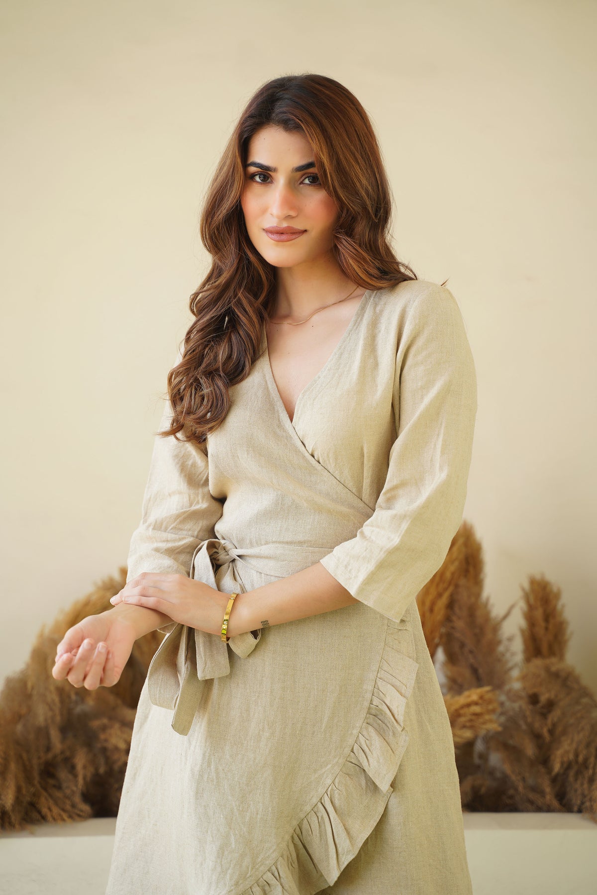 Natural Linen Wrap Dress with Playful Frills & Waist Belt | Long Sleeve Linen Midi Dress Kuttons Natural Linen Wrap Dress with Playful Frills & Waist Belt | Long Sleeve Linen Midi Dress Kuttons