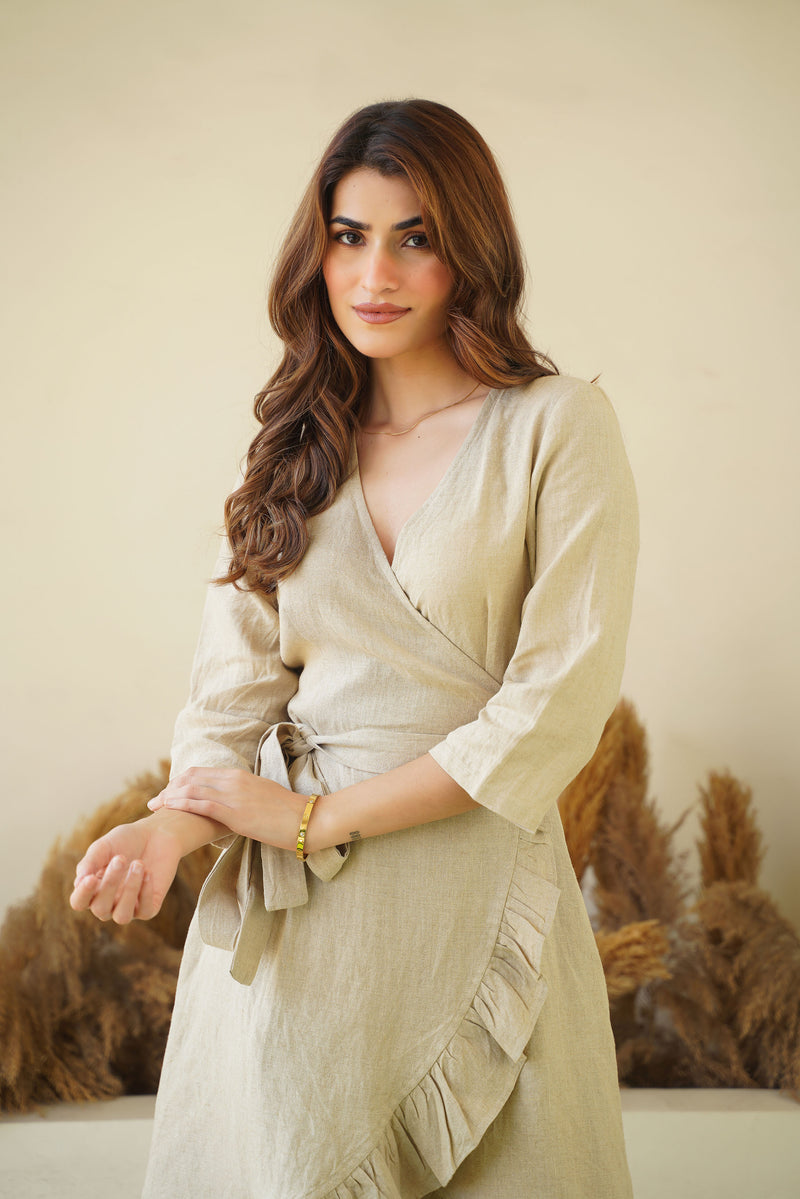 Natural Linen Wrap Dress with Playful Frills & Waist Belt | Long Sleeve Linen Midi Dress Kuttons Natural Linen Wrap Dress with Playful Frills & Waist Belt | Long Sleeve Linen Midi Dress Kuttons