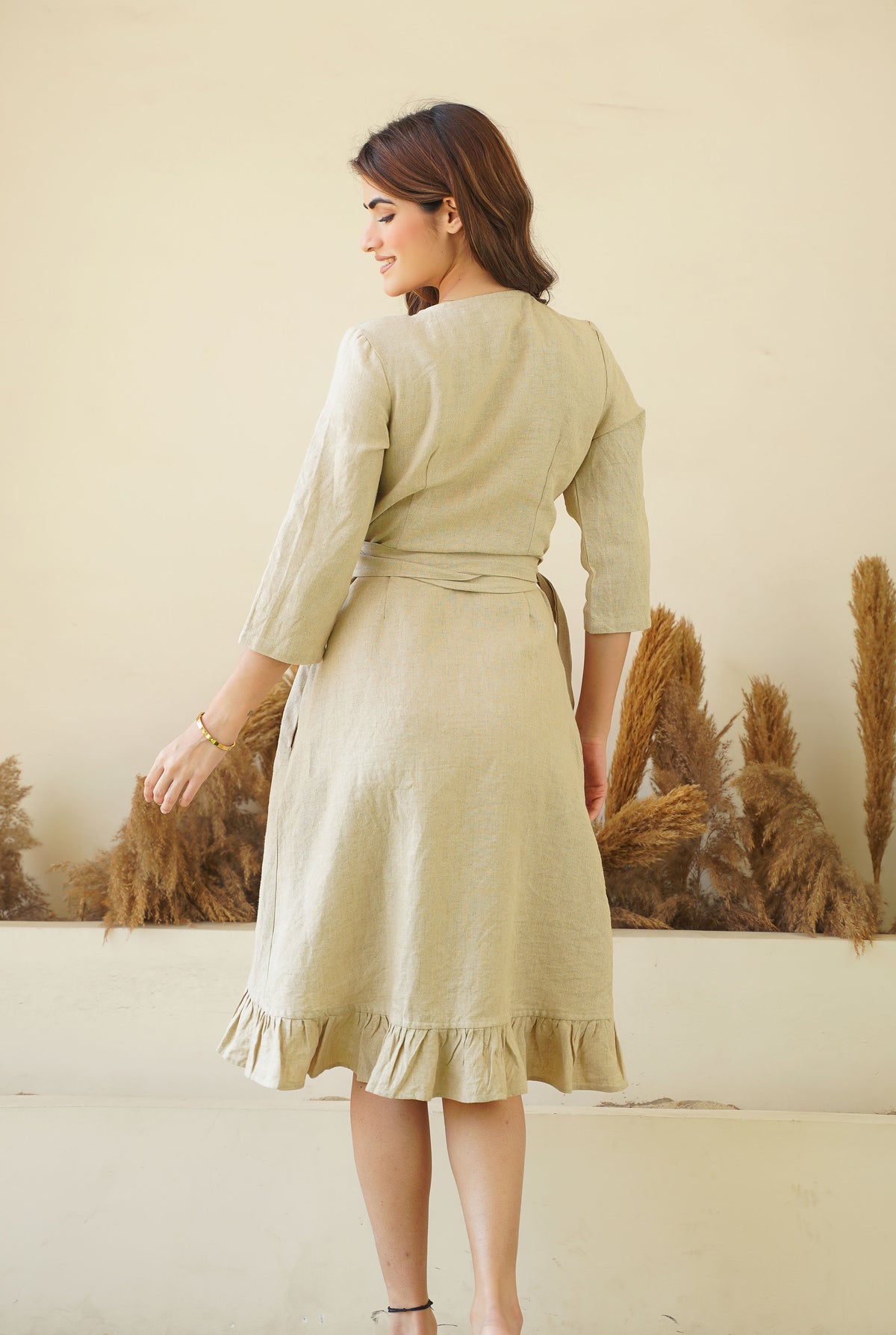 Natural Linen Wrap Dress with Playful Frills & Waist Belt | Long Sleeve Linen Midi Dress Kuttons Natural Linen Wrap Dress with Playful Frills & Waist Belt | Long Sleeve Linen Midi Dress Kuttons