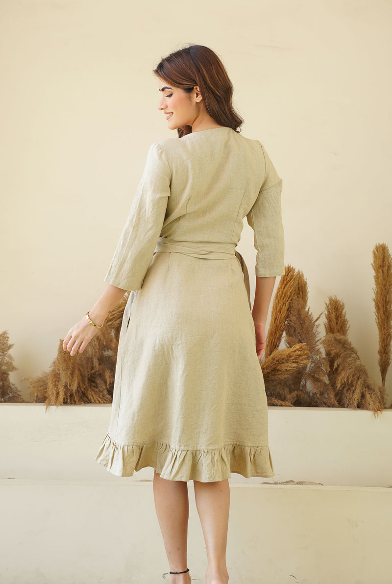 Natural Linen Wrap Dress with Playful Frills & Waist Belt | Long Sleeve Linen Midi Dress Kuttons Natural Linen Wrap Dress with Playful Frills & Waist Belt | Long Sleeve Linen Midi Dress Kuttons