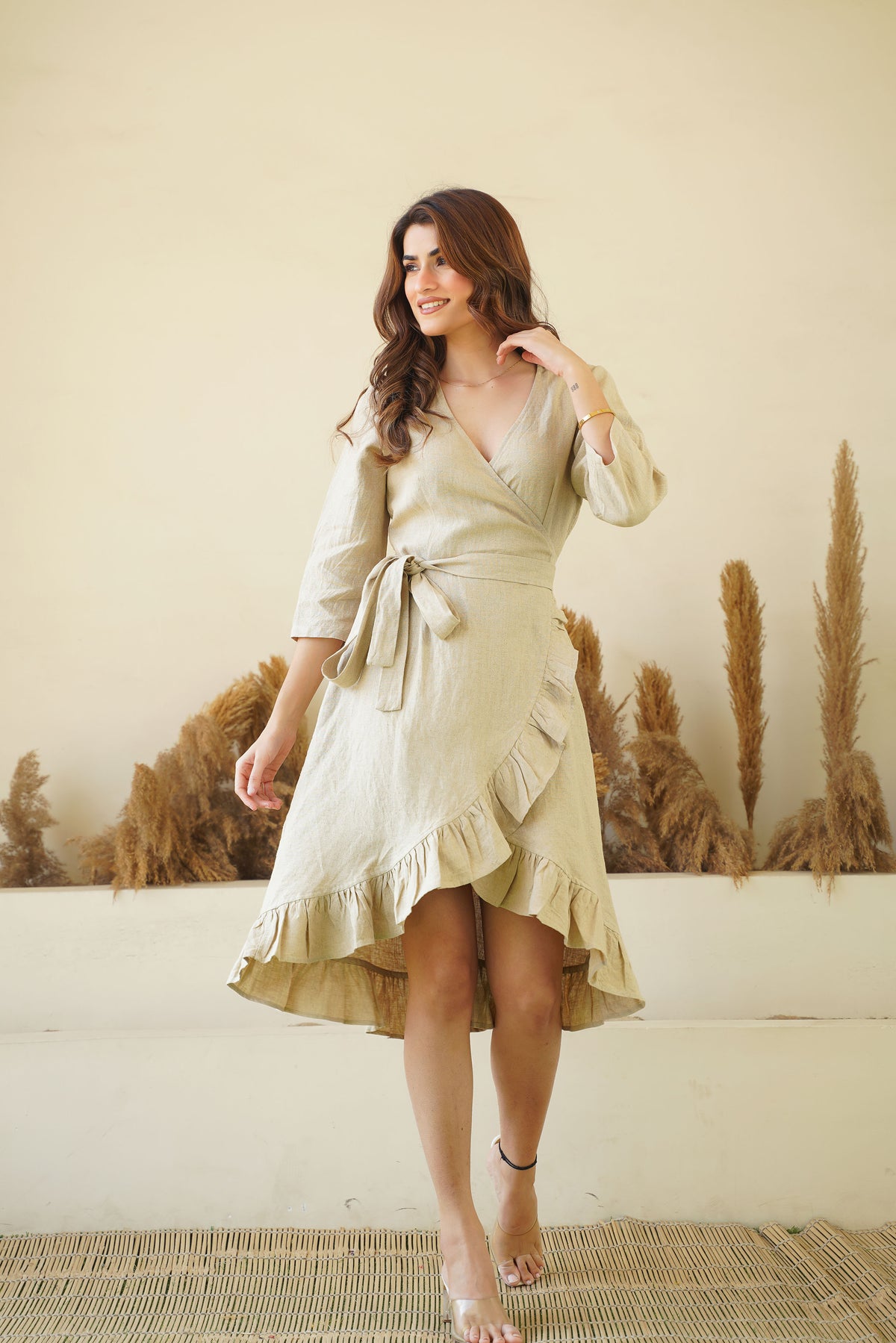 Natural Linen Wrap Dress with Playful Frills & Waist Belt | Long Sleeve Linen Midi Dress Kuttons Natural Linen Wrap Dress with Playful Frills & Waist Belt | Long Sleeve Linen Midi Dress Kuttons