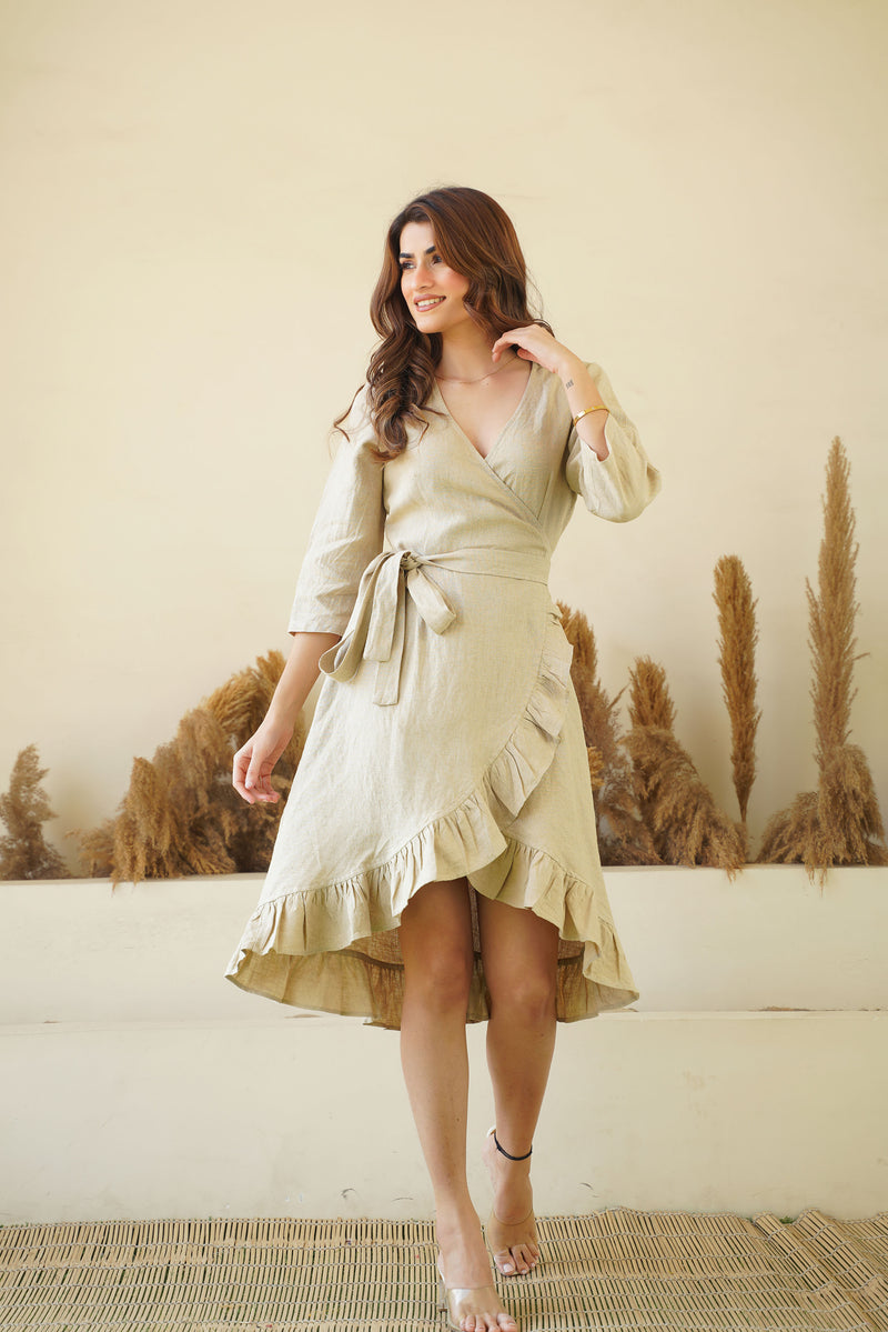 Natural Linen Wrap Dress with Playful Frills & Waist Belt | Long Sleeve Linen Midi Dress Kuttons Natural Linen Wrap Dress with Playful Frills & Waist Belt | Long Sleeve Linen Midi Dress Kuttons