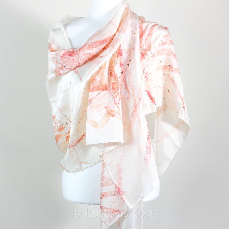 Natural Mulberry Silk Stole - Eco Printed with Red Eucalyptus Leaves, Featherweight Scarf | Pink, 21x72"