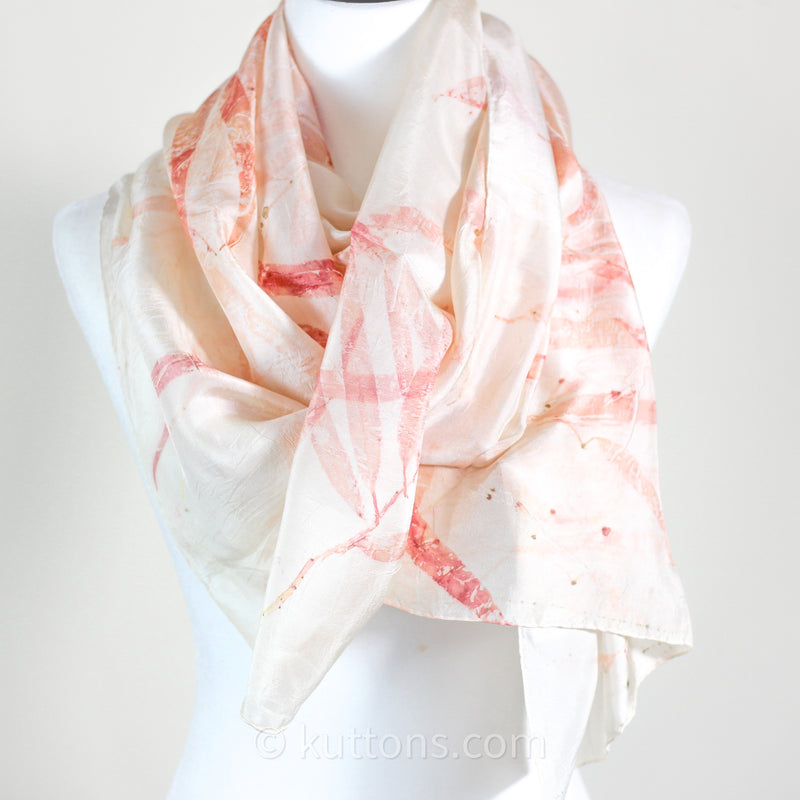 Natural Mulberry Silk Stole - Eco Printed with Red Eucalyptus Leaves, Featherweight Scarf | Pink, 21x72"