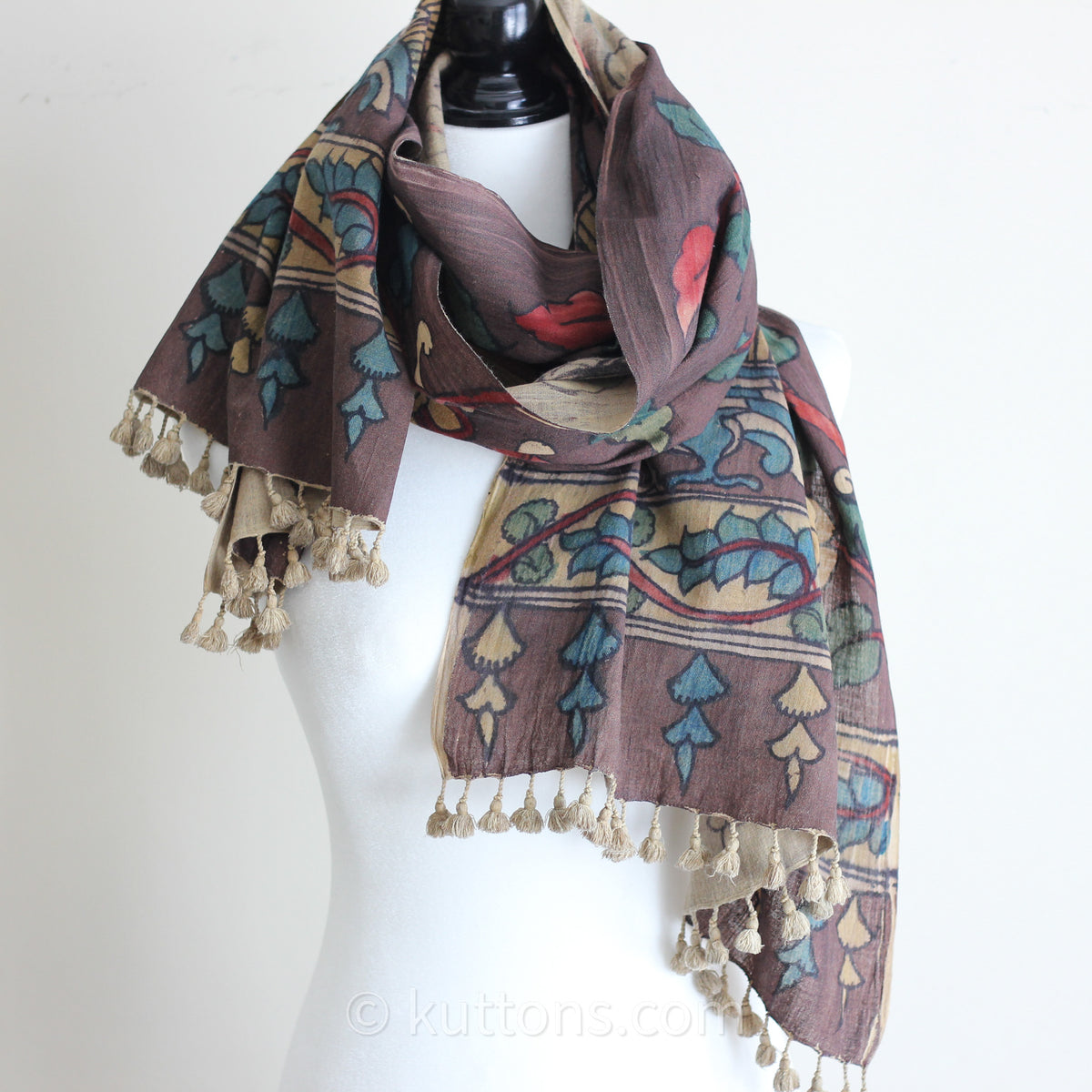 Naturally Hand-Painted Kalamkari Organic Cotton Scarf - Ethnic Stole from Natural Dyes | Brown, 23x86"