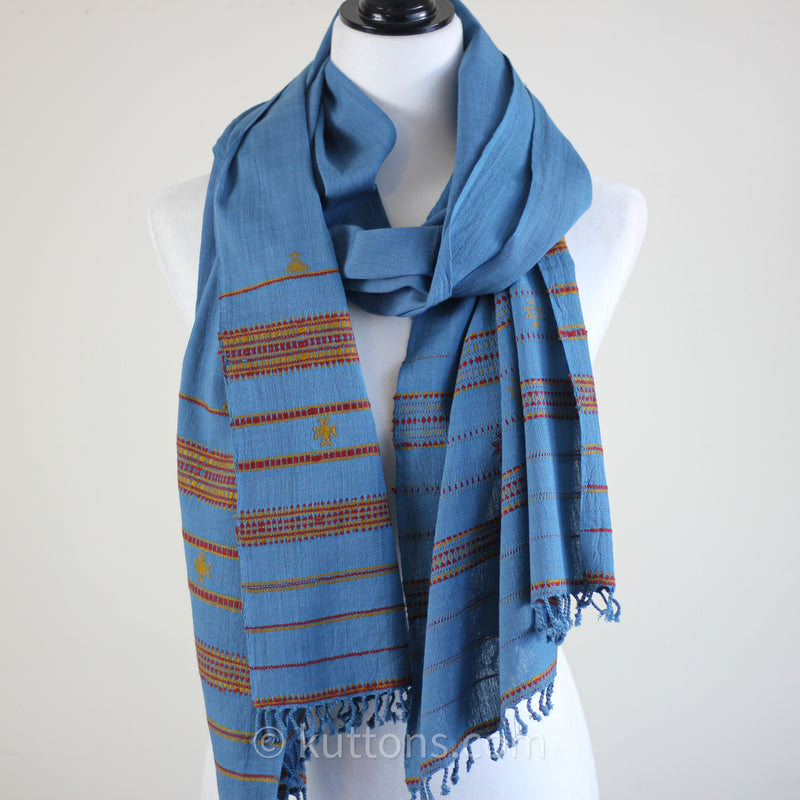 Organic Kala Cotton Scarf - Handspun & Handwoven Wrap with Tassels | Blue, 23x77"