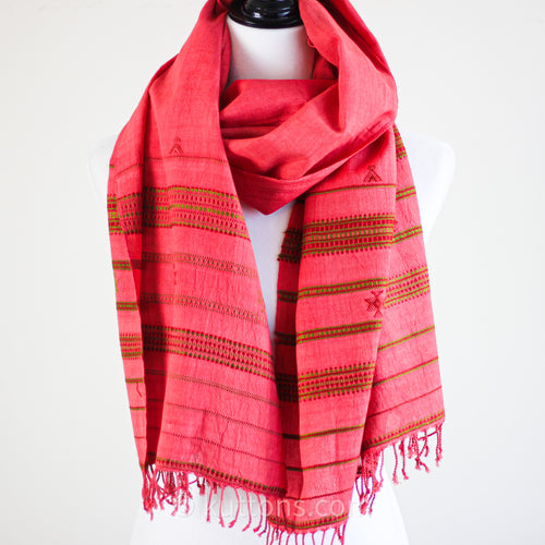 Organic Kala Cotton Scarf - Handwoven Stole with Tassels | Red, 22x72"