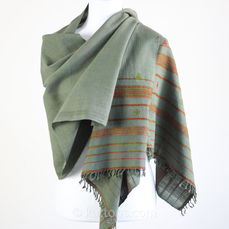 Organic Kala Cotton Scarf - Handwoven Stole with Tassels | Green, 22x76"