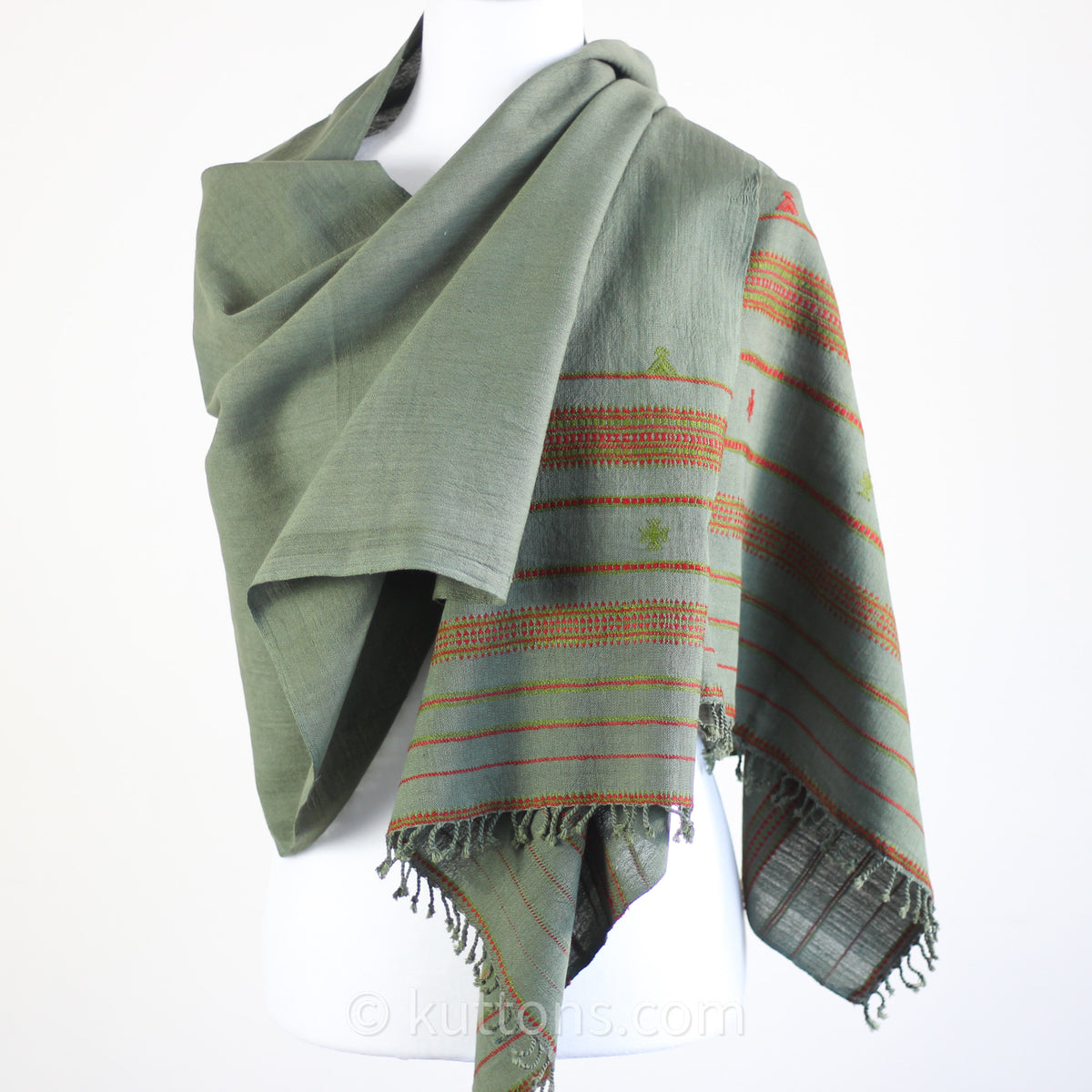 Organic Kala Cotton Scarf - Handwoven Stole with Tassels | Green, 22x76"