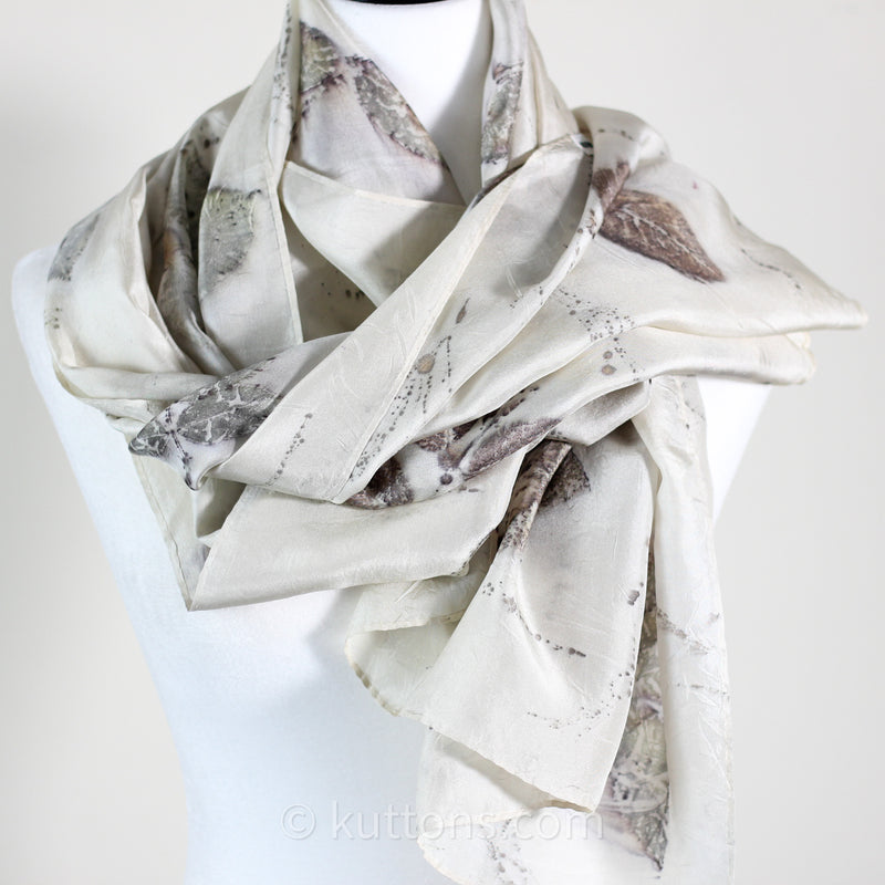Pure Mulberry Silk Stole - Eco Printed with Rose Leaves, Featherweight Scarf | Brown, 21x72"