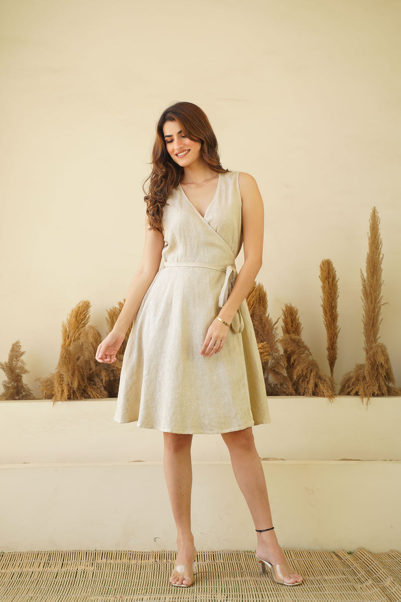 Luxe Sleeveless Linen Wrap Dress - Comfy Short Mini Linen Dress with Tie Belt & Pockets | Pistachio