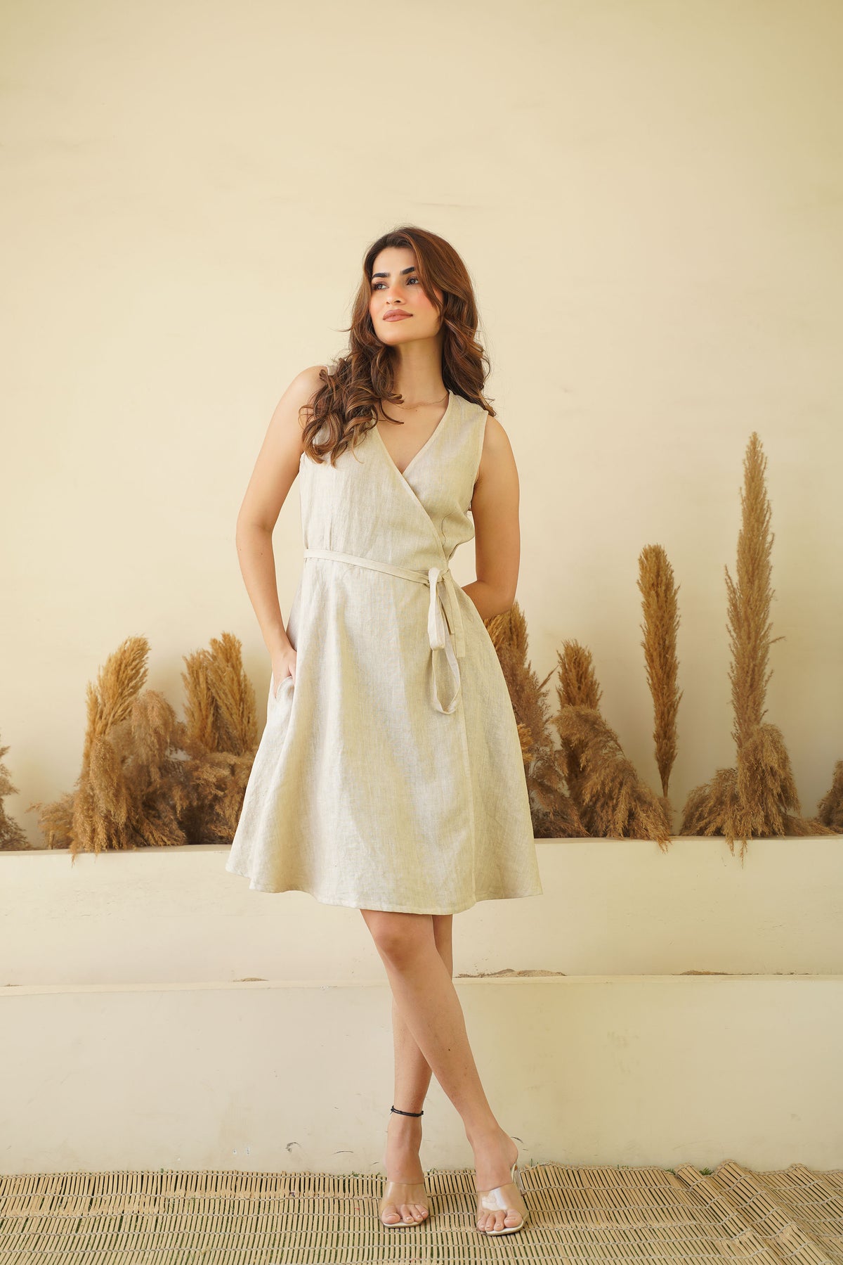 Luxe Sleeveless Linen Wrap Dress - Mini Linen Dress with Tie Belt & Pockets | Pistachio Kuttons Luxe Sleeveless Linen Wrap Dress - Mini Linen Dress with Tie Belt & Pockets | Pistachio Kuttons