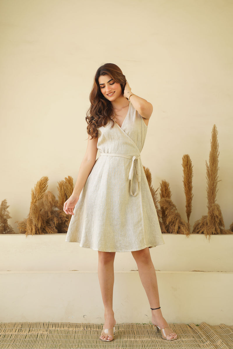 Luxe Sleeveless Linen Wrap Dress - Mini Linen Dress with Tie Belt & Pockets Luxe Sleeveless Linen Wrap Dress - Mini Linen Dress with Tie Belt & Pockets