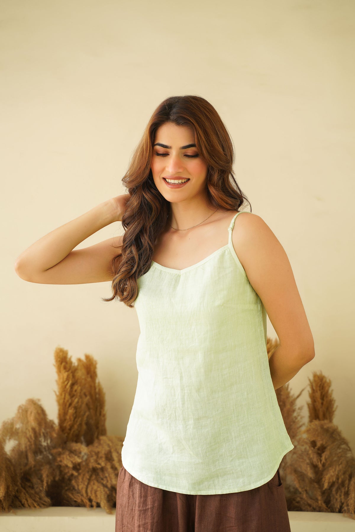 100% Pure Linen Tank Top Cami with Adjustable Straps | Sleeveless Washed Linen Blouse