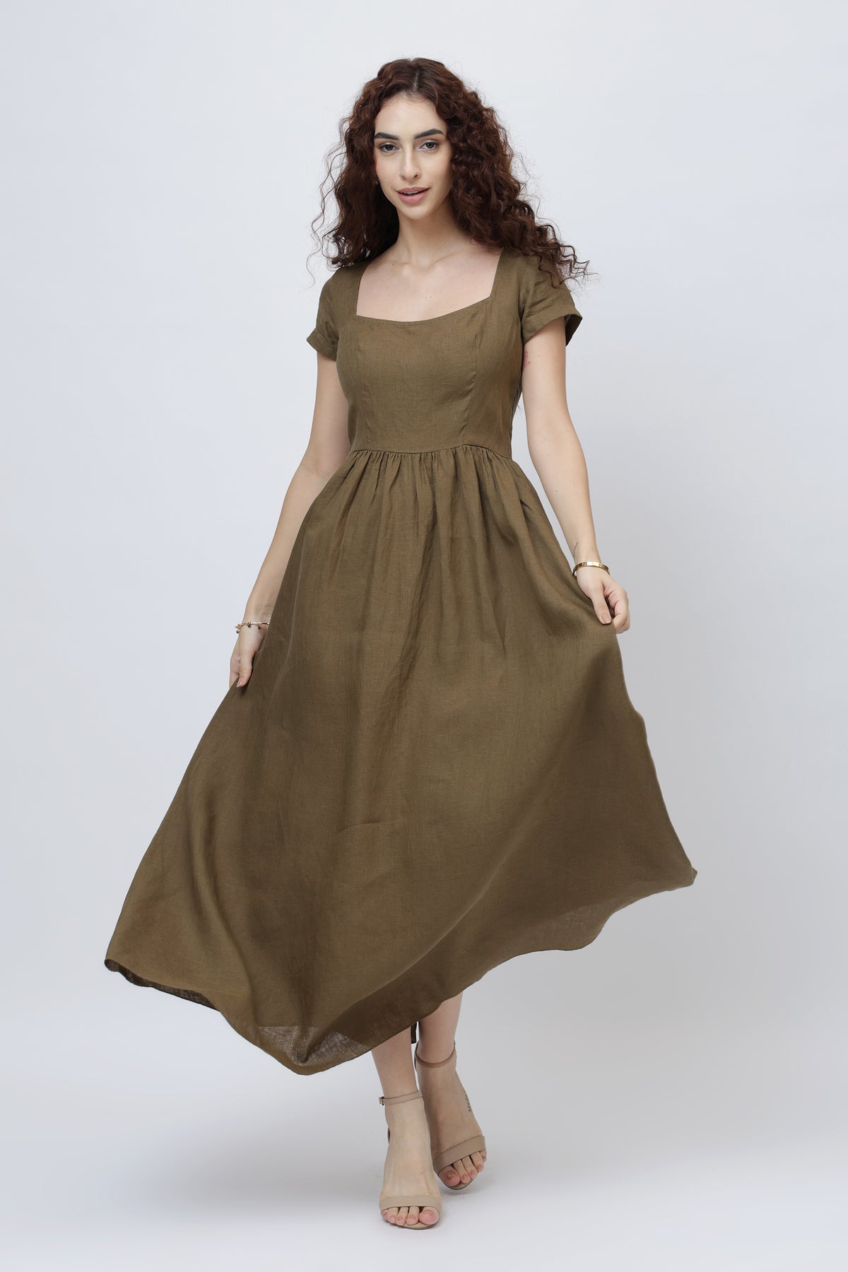 olive brown European linen maxi skirt dress