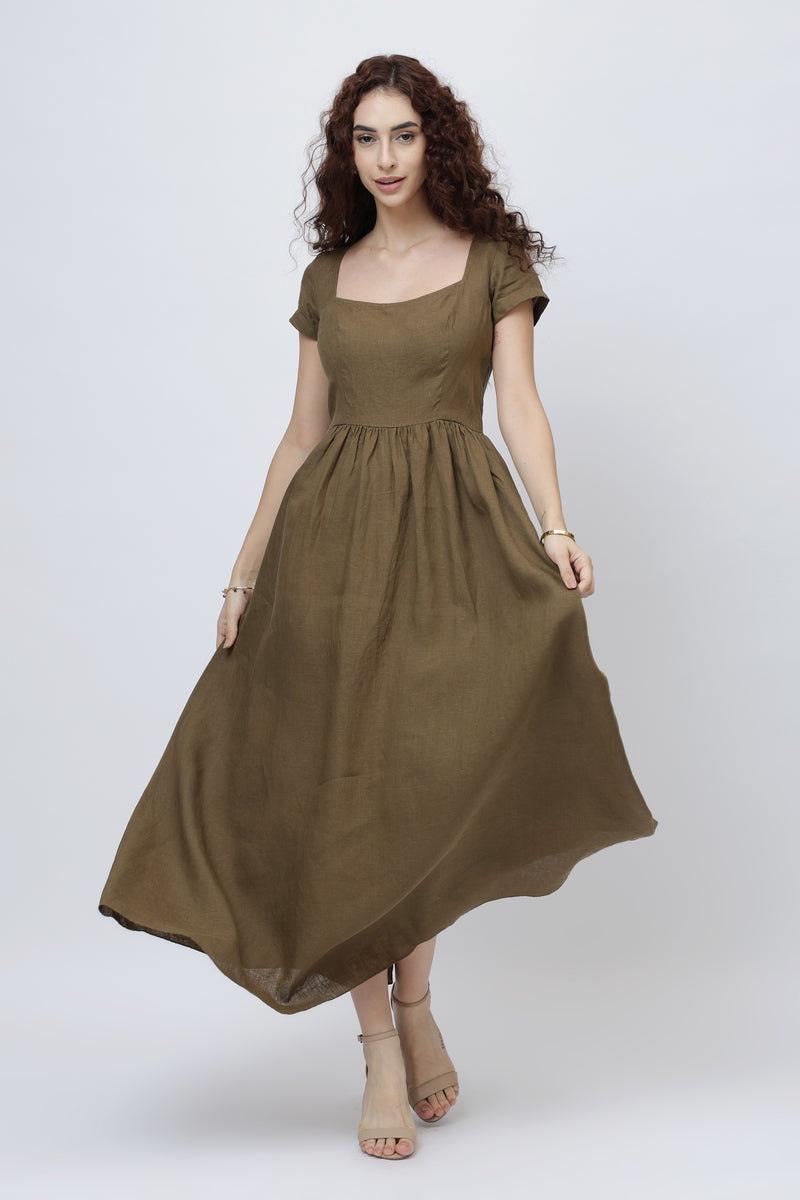 olive brown European linen maxi skirt dress