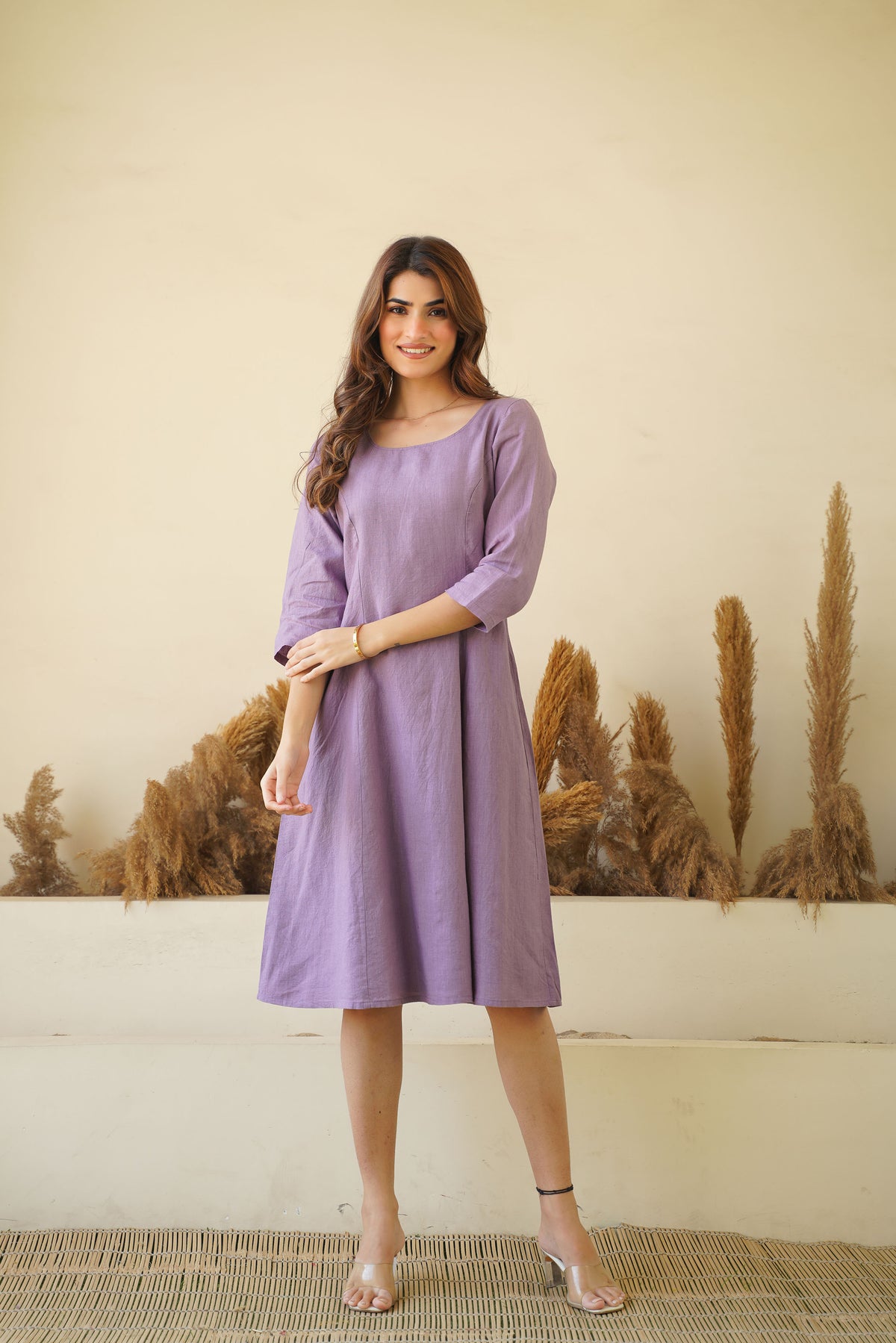 Women's Lilac Linen Dress - Round Neck Linen Tunic with Princess Seams, Long Sleeve | Zipper & Lining Kuttons Women's Lilac Linen Dress - Round Neck Linen Tunic with Princess Seams, Long Sleeve | Zipper & Lining Kuttons