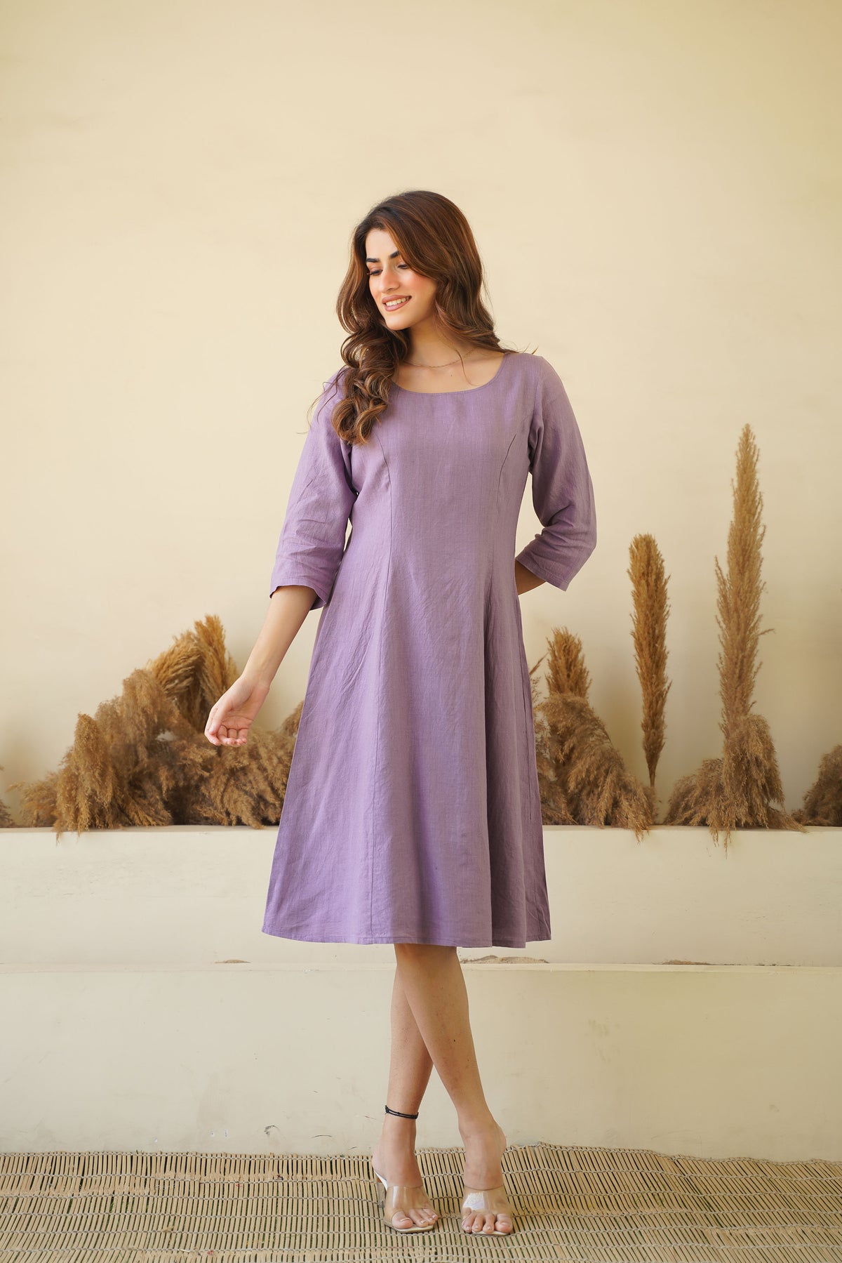 Women's Lilac Linen Dress - Round Neck Linen Tunic with Princess Seams, Long Sleeve | Zipper & Lining Kuttons Women's Lilac Linen Dress - Round Neck Linen Tunic with Princess Seams, Long Sleeve | Zipper & Lining Kuttons