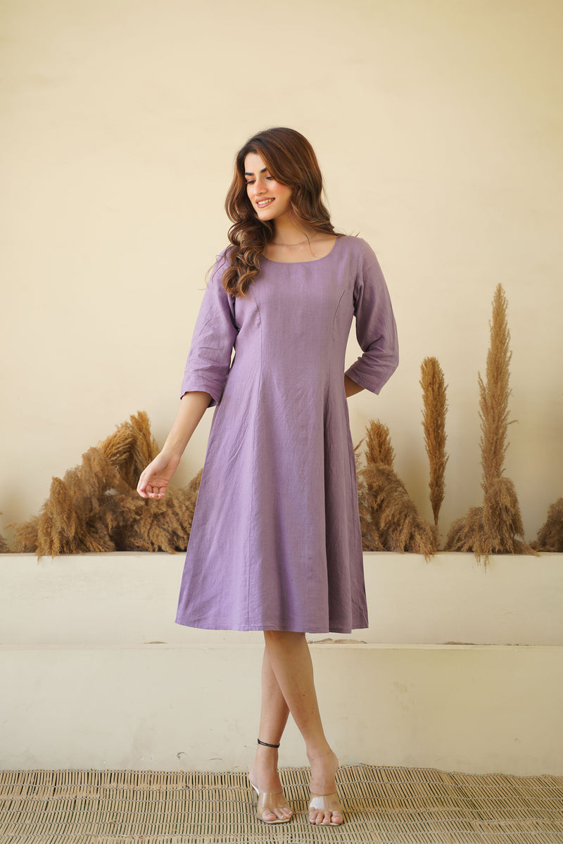 Women's Lilac Linen Dress - Round Neck Linen Tunic with Princess Seams, Long Sleeve