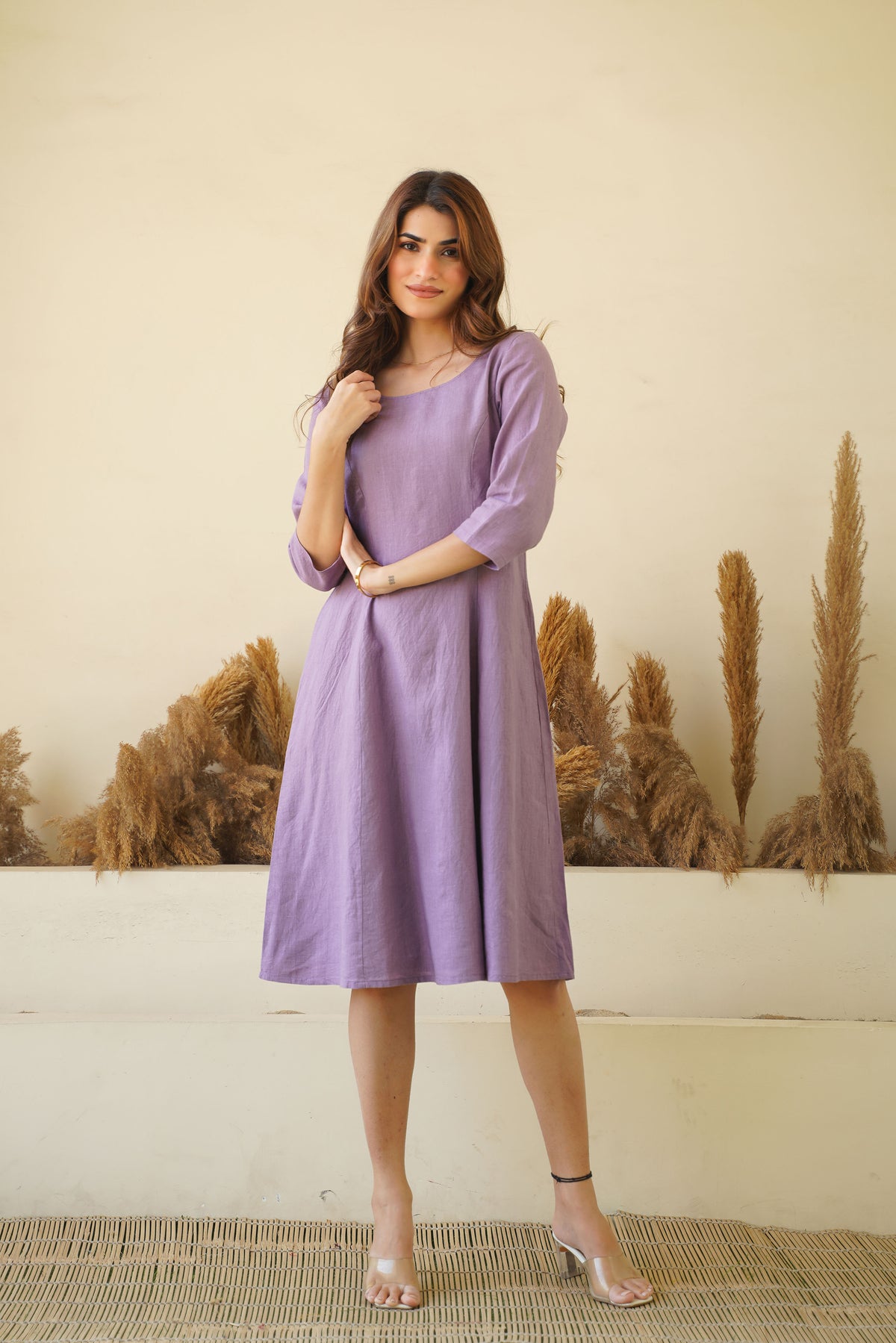 Women's Lilac Linen Dress - Round Neck Linen Tunic with Princess Seams, Long Sleeve | Zipper & Lining Kuttons Women's Lilac Linen Dress - Round Neck Linen Tunic with Princess Seams, Long Sleeve | Zipper & Lining Kuttons
