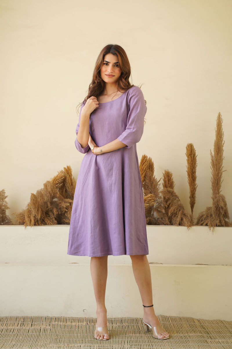 Women's Lilac Linen Dress - Round Neck Linen Tunic with Princess Seams, Long Sleeve | Zipper & Lining Kuttons Women's Lilac Linen Dress - Round Neck Linen Tunic with Princess Seams, Long Sleeve | Zipper & Lining Kuttons
