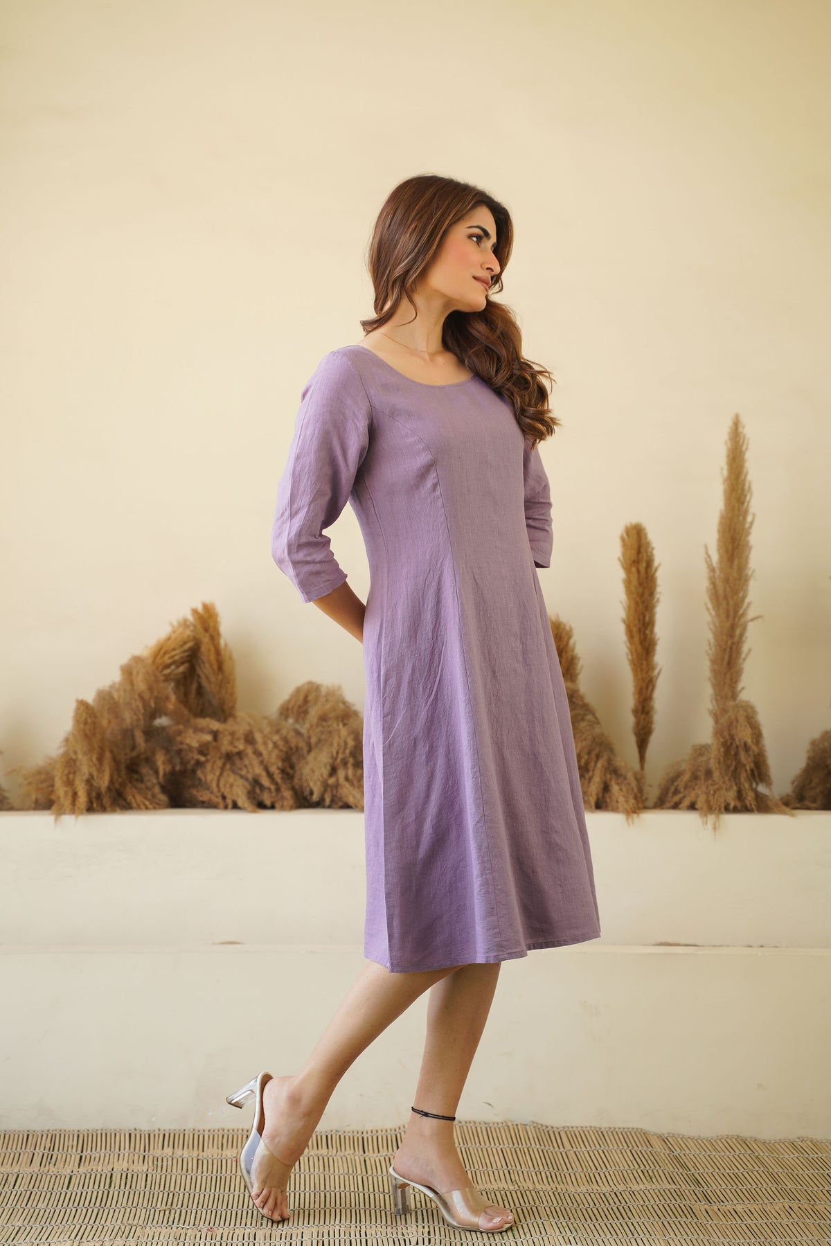 Women's Lilac Linen Dress - Round Neck Linen Tunic with Princess Seams, Long Sleeve | Zipper & Lining Kuttons Women's Lilac Linen Dress - Round Neck Linen Tunic with Princess Seams, Long Sleeve | Zipper & Lining Kuttons