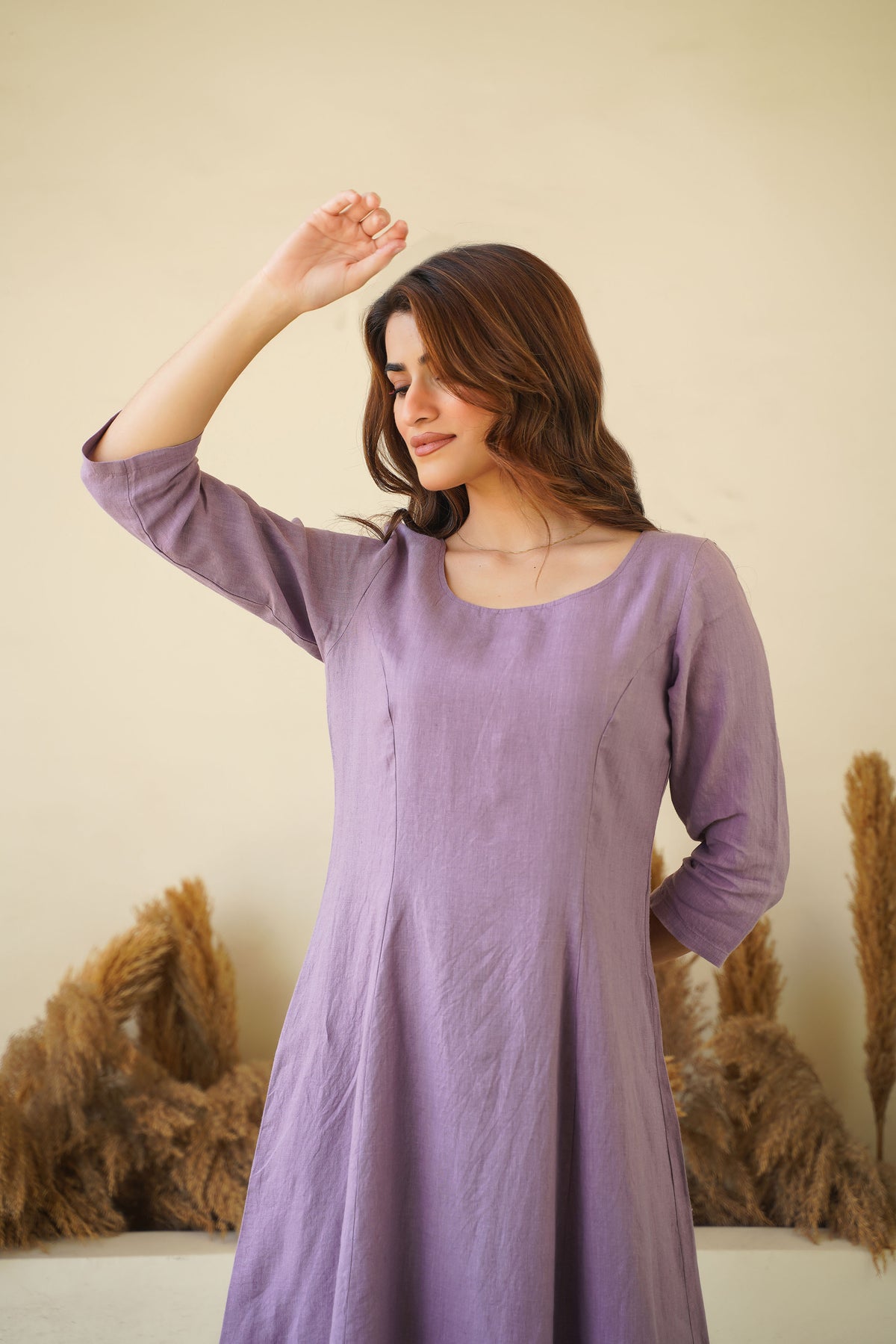 Lilac women linen dress Round neck linen tunic with princess seams, long sleeve Zipper lining Small